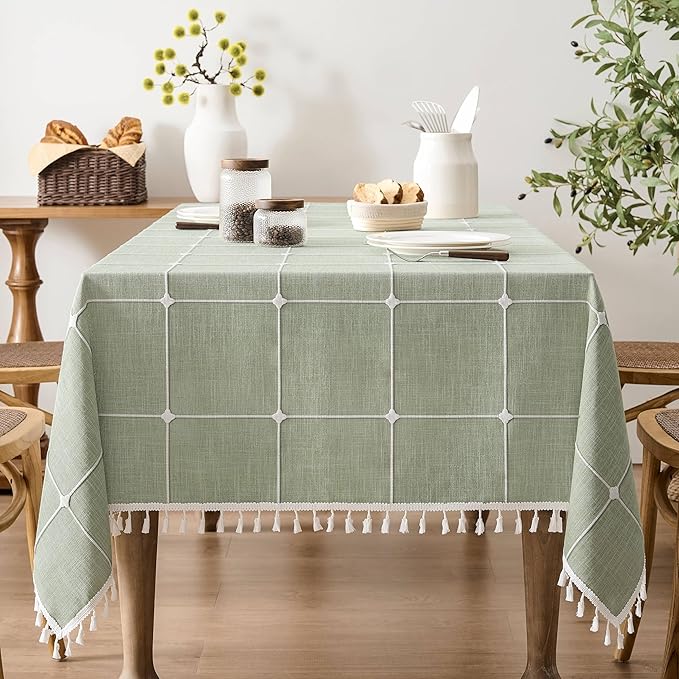 ZeeMart Boho Grid Table Cloth with Tassels (Sage Green, 60" x 104"), Heavy Weight Linen Checked Embroidered Farmhouse Tablecloth, Water Resistant Rectangle Green Tablecloths