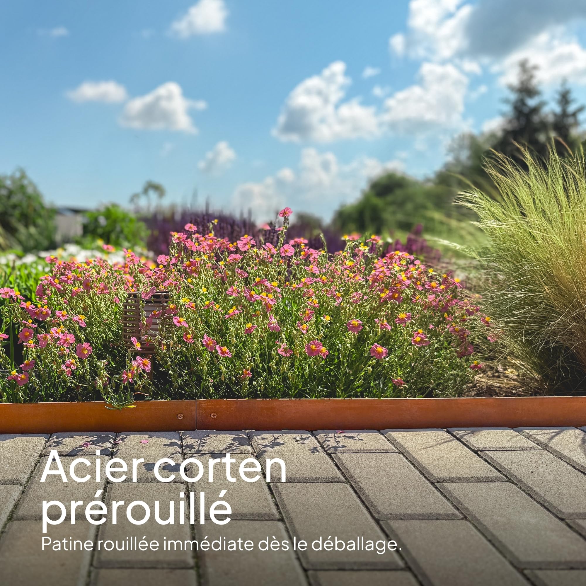 UNIGARDIA Bordure de Jardin en Acier Corten 5 m, Hauteur 5 cm, Rebord 5 mm | Bordure de Pelouse Flexible en Métal, Installation facile, Piquets d’ancrage inclus