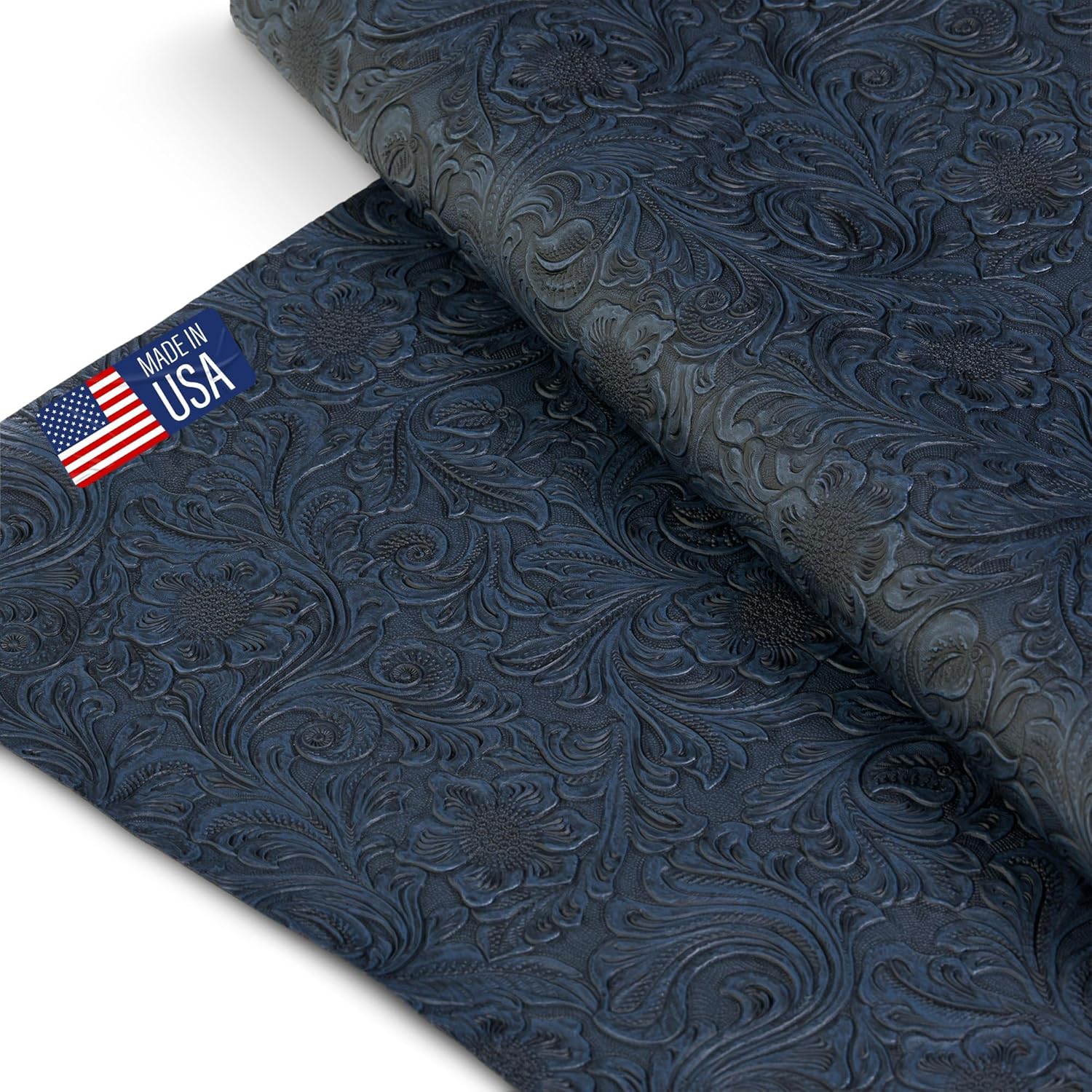 Tooled Faux Leather Western Cowboy, Floral Embossed Vinyl, Craft DIY and Upholstery Textured PU Pleather Fabric - 5 Yard Roll (Old Blue)