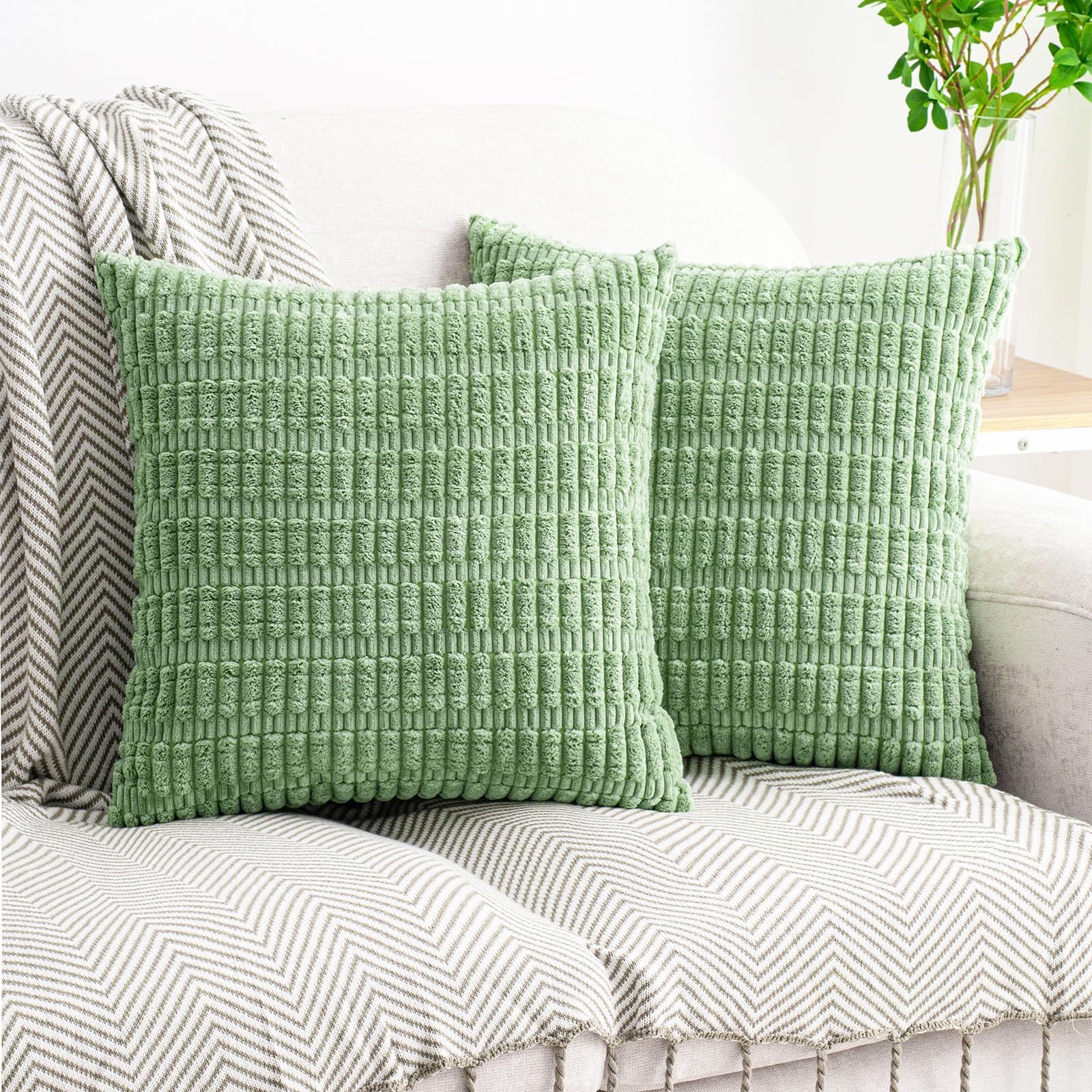 HWY 50 Sage Green Corduroy Decorative Throw Pillow Covers 20x20 Inch Pack of 2 Soft Striped Farmhouse Boho