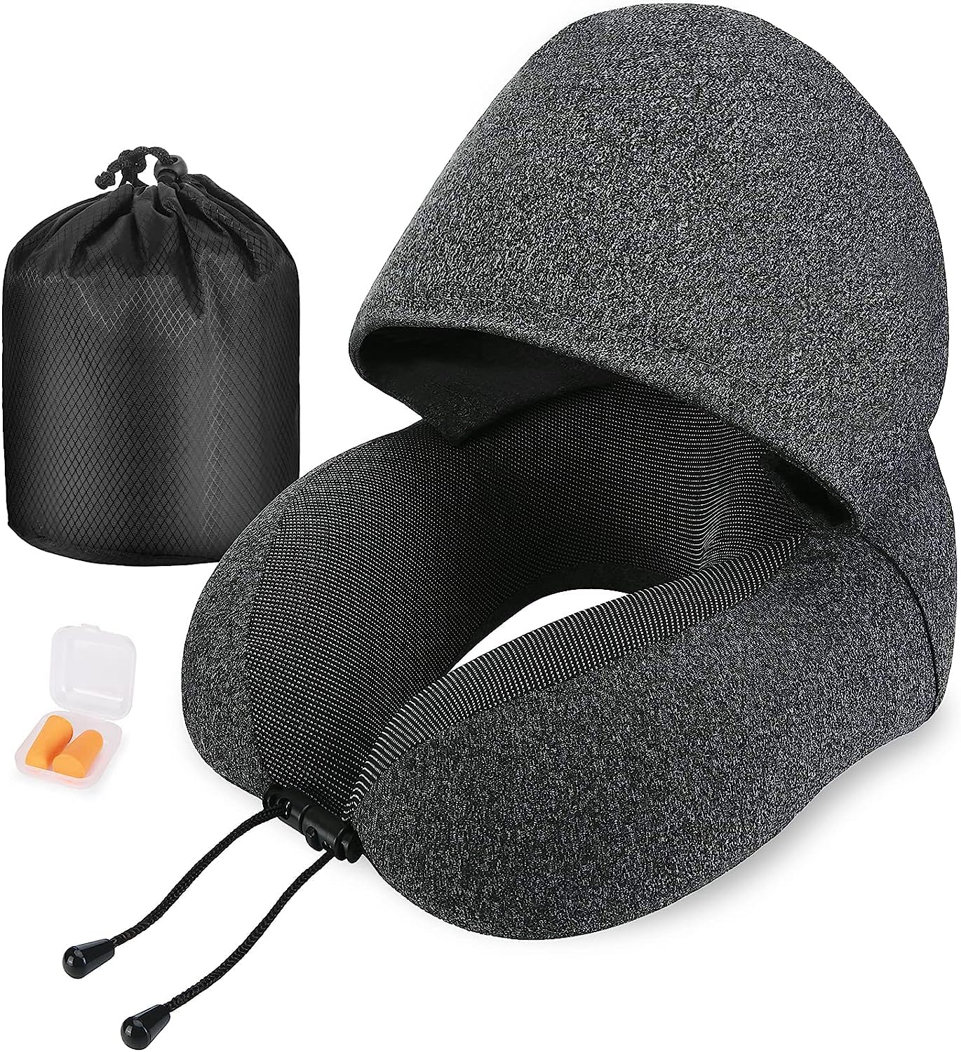 Travel Pillow, Neck Pillow for Travel with Hood for Airplane, Velvet Memory Foam Neck Pillow Adult Head & Neck Support, for Long Flights Plane, Office, Cars Sleeping & Rest (Deep Grey)