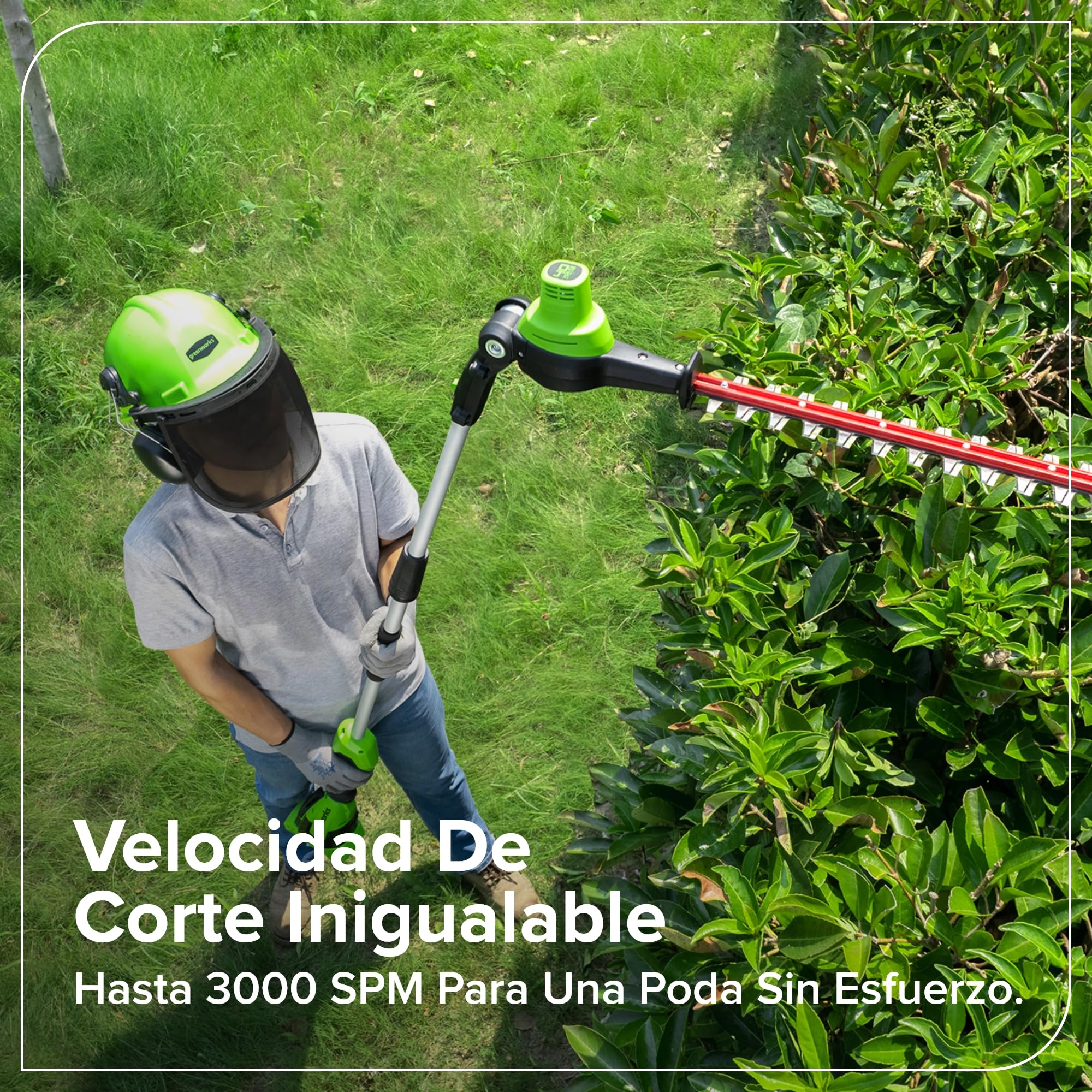 Greenworks Cortasetos + Sierra telescópica 2-en-1 24V con batería 4,0Ah & Cargador USB-C 65W, Motor brushless, Hoja 51 cm, Sierra 20 cm, Cabeza giratoria 112,5°, pértiga 3 Piezas CKPH321A2