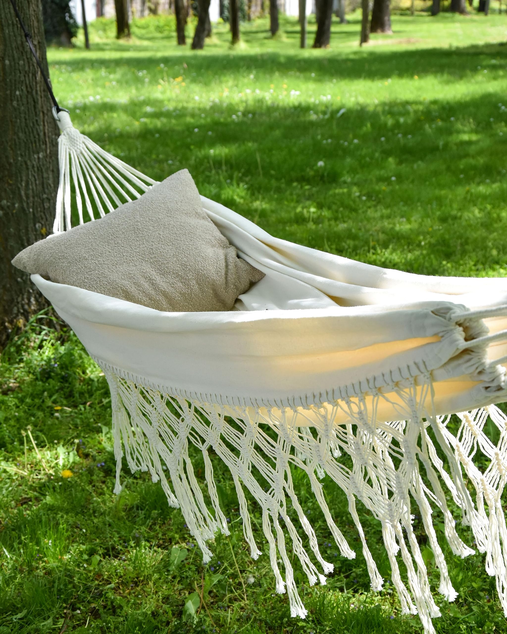 Hamac Style Boho Suspendu Balancoire Intérieur Extérieur en Coton Beige Rocca