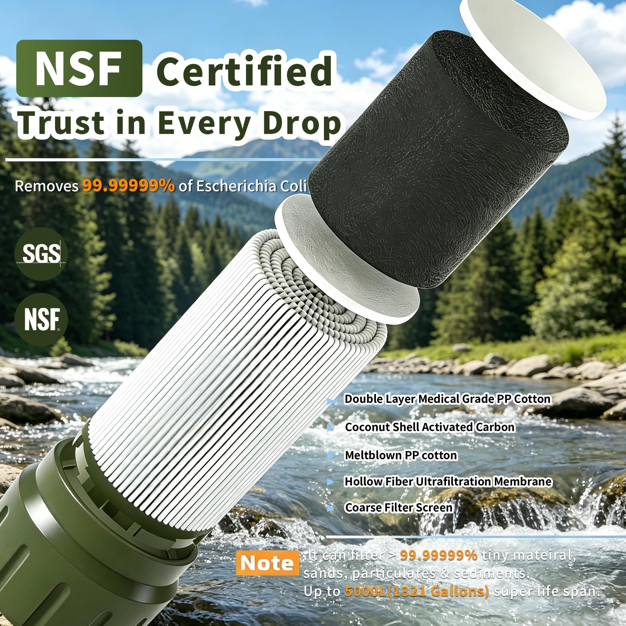 Pajita de filtro de agua personal, purificador de agua portátil de 4 etapas certificado NSF, sin BPA, equipo de supervivencia de filtración de agua de emergencia para senderismo, camping