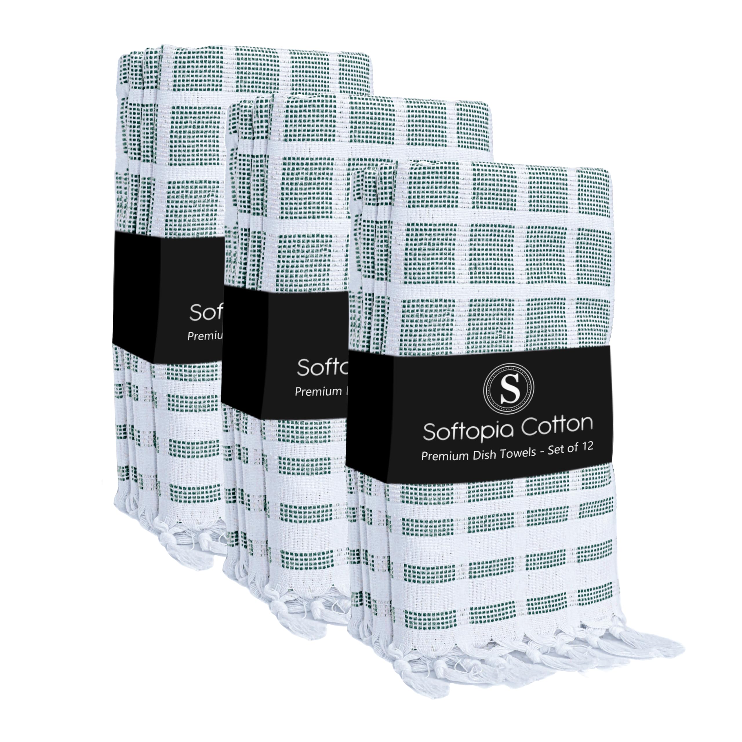 Matrix Dobby Kitchen Towels 12 Pack, 100% Cotton, 16x26 Inches, Reusable Dish Towels with Handmade Tassels, Washable Absorbent Tea Cloths for Cleaning, Cooking - Forest Green, White