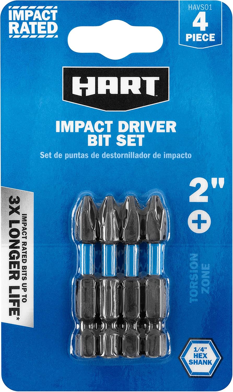 HART 4-Piece 2" IMPACT DRIVER BIT SET 1/4 HEX SHANK PH2 TORSION ZONE Phillips