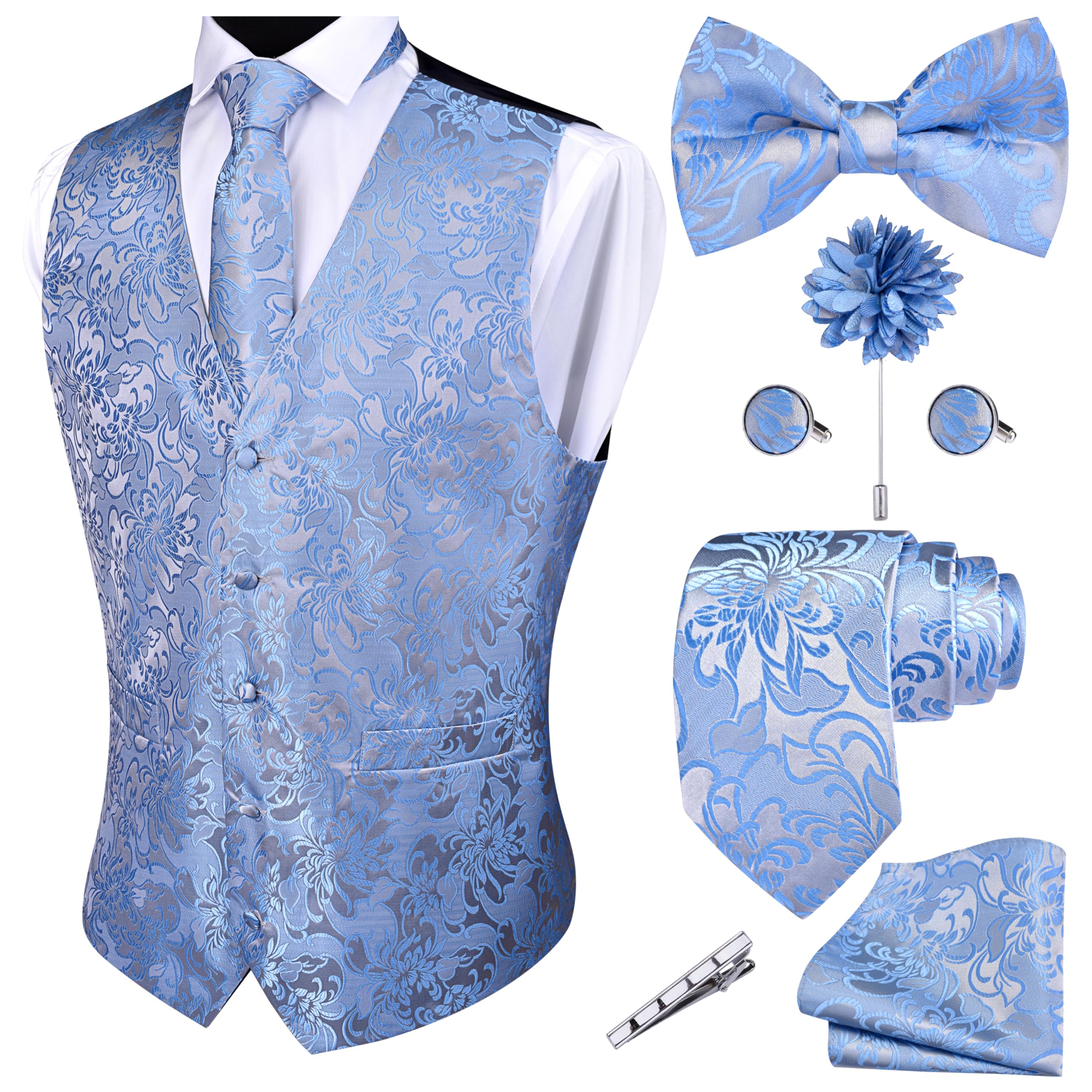 GUSLESON Formal Men Vest Paisley Floral Jacquard Tie Waistcoat Bow tie Hanky Lapel Pin Cufflinks Set Wedding 7PCS