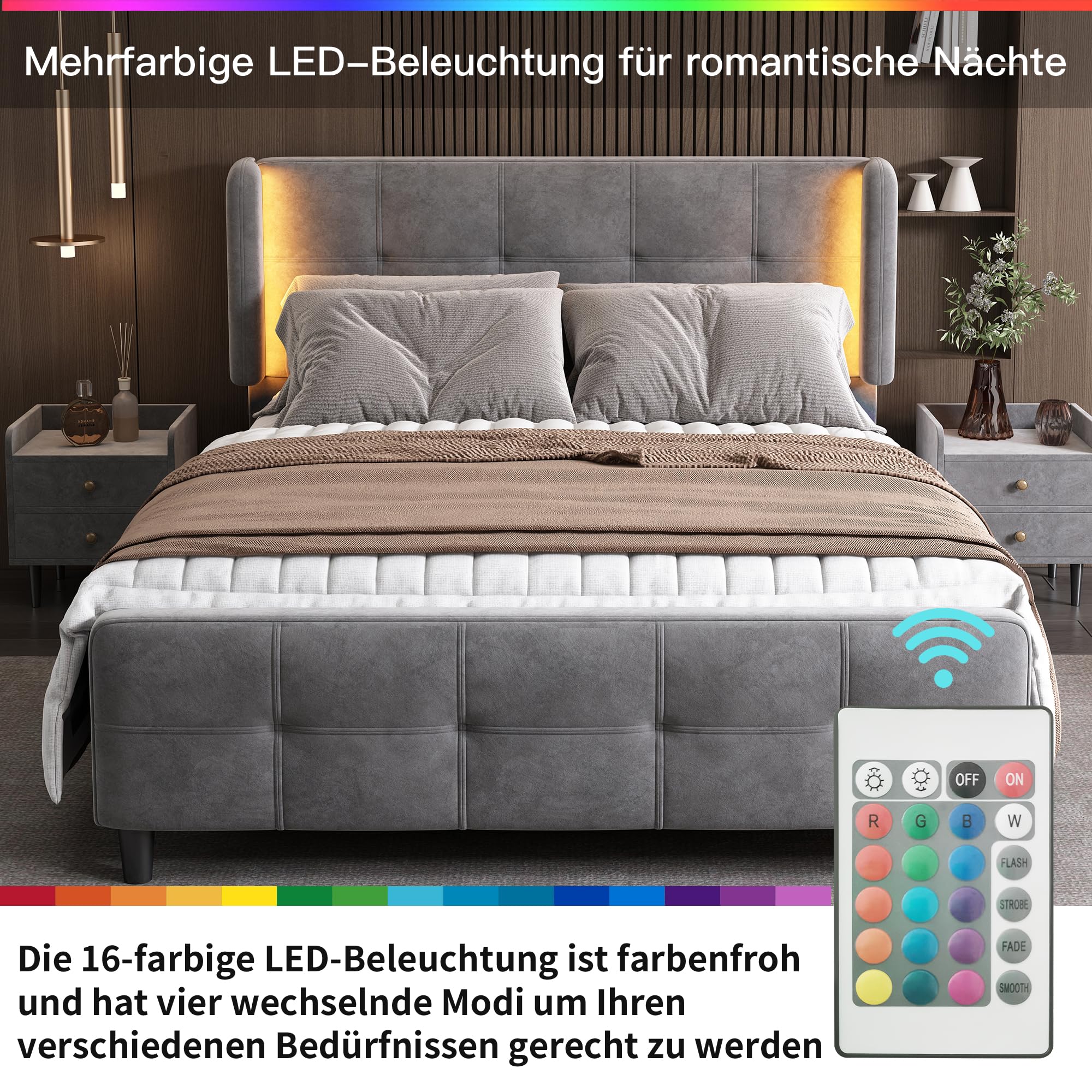 Soweiz Set per camera da letto completo, moderno e imbottito, 1 comodino+sgabello, letto matrimoniale con orecchie laterali, comodino, velluto, grigio (140 x 200 cm)