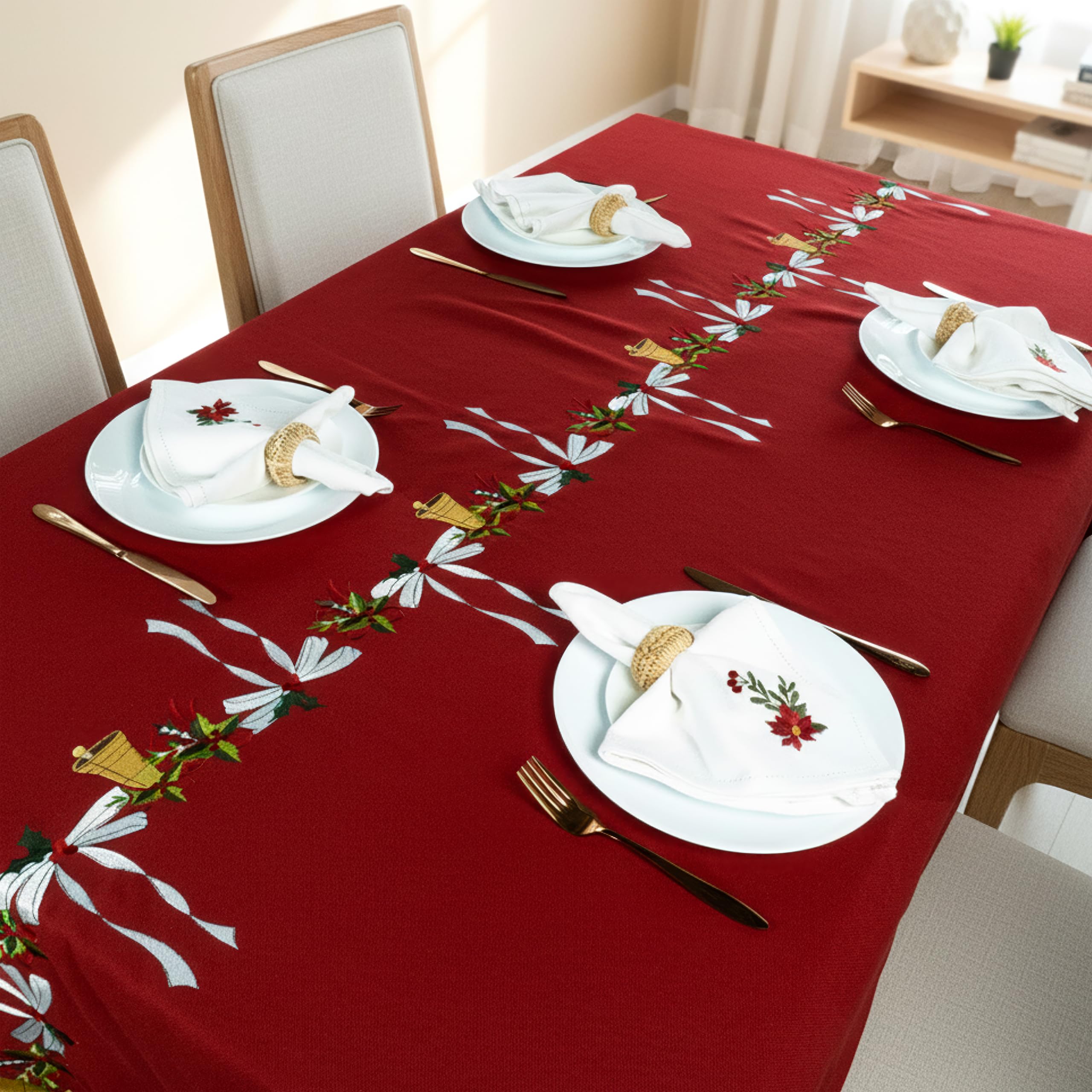 RUSTIQUE LINENS Embroidered Cotton Tablecloth 60 x 90 Inch Rectangle – Washable & Colorfast Table Cover for Dining Room, Farmhouse, Kitchen, Home, Party & Wedding Décor - Crimson Cheer