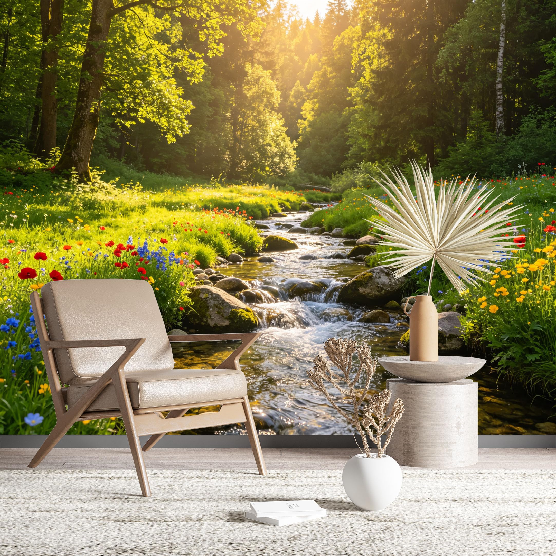 Custom Size Wall Murals Sunlit Forest Stream with Wildflowers Vivid Self-Adhesive Wall Fabric (NO PVC) Removable Wallpaper for Living Room Bedroom