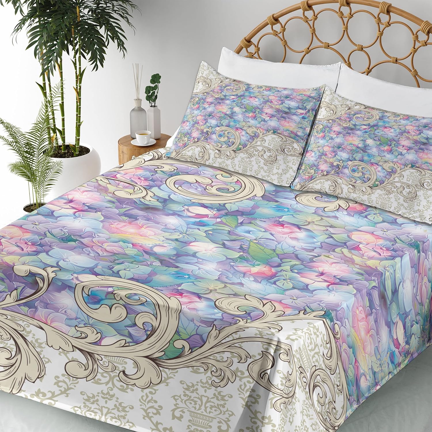 Ambesonne Flower Sheet Set, Colorful Hydrangeas Romantic Baroque Swirls Art Nouveau Inspired Design Print, Fitted and Flat Sheet with Pillowcases Bedding Accent 4 Piece Set, Full, Lilac and Cream
