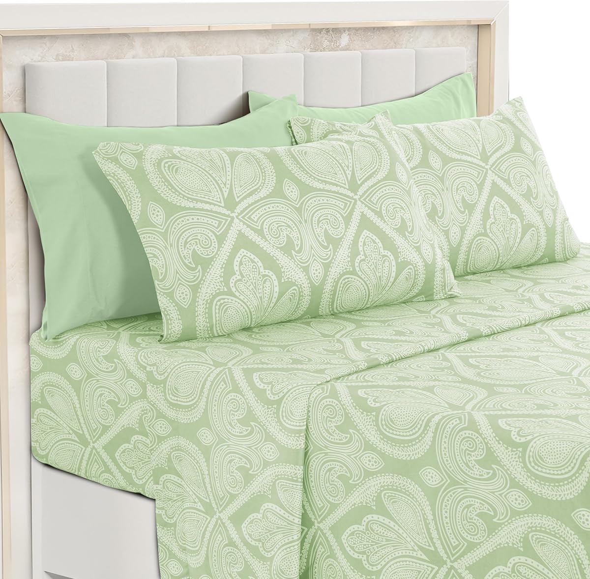 Juego de sábanas de cachemira verde salvia, California King – Bolsillo profundo ultra suave | Microfibra refrescante sin arrugas, estampado floral bohemio | Juego de 6 piezas: sábana bajera ajustable y 4 fundas de almohada | OEKO-TEX, cuidado fácil