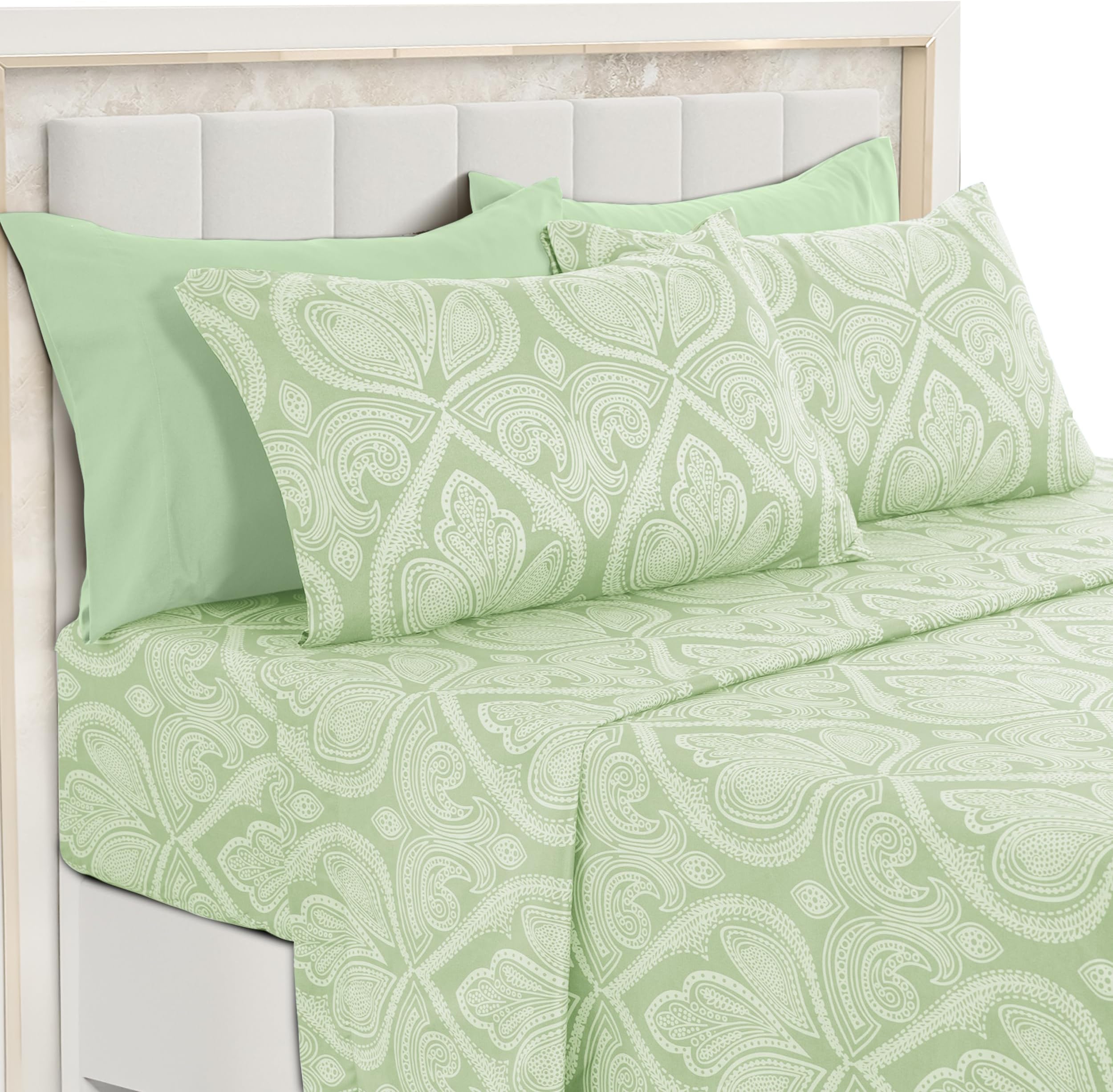 Ultra Soft Wrinkle-Free Microfiber Paisley King Sheet Set, Cute Floral Pattern Boho Print – 16" Deep Pocket Fitted Sheet, Flat Sheet & 4 Pillowcases, Breathable, OEKO-TEX - Sage Green