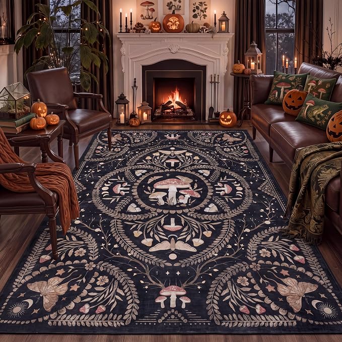 Garvee Mushroom 5x7 Area Rugs for Living Room, Washable Gothic Rug Black