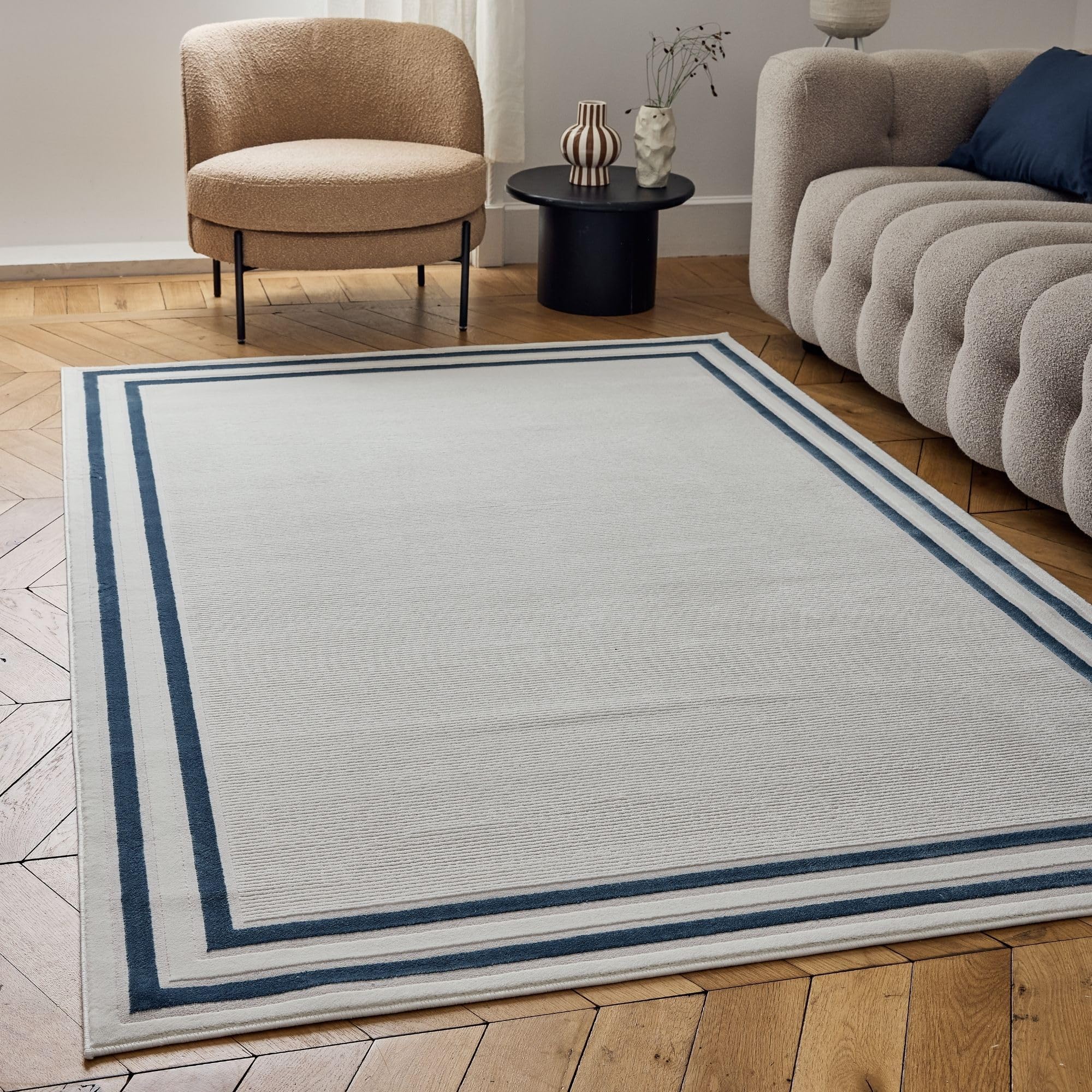 The Rugs Carmel Cream/blue Bordered Area Rug And Runner Non SheddingStain ResistantSoft from B&Q