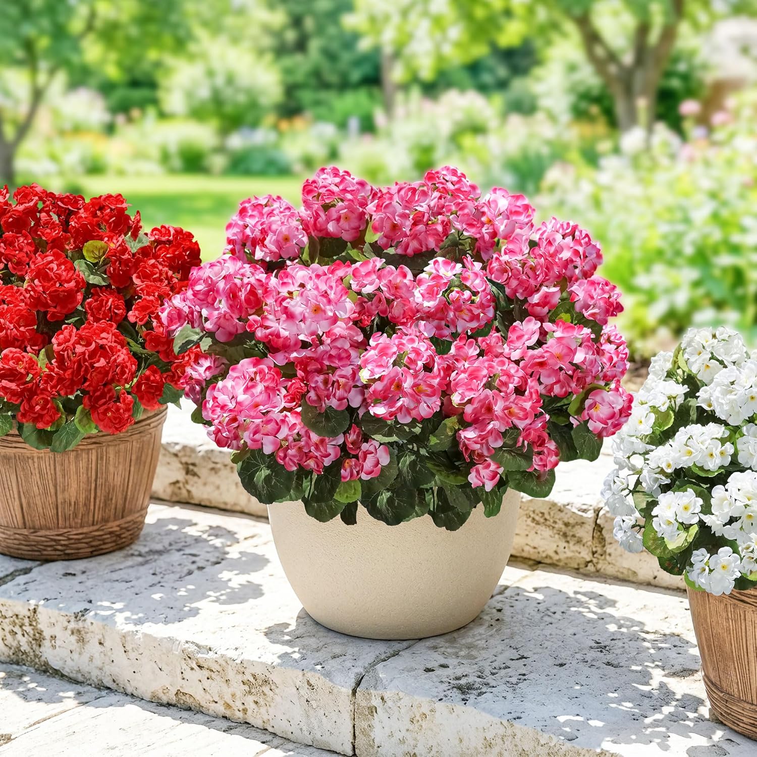 Fake Geraniums Artificial Flowers for Outdoors Outside, 6 Bundles Pink Silk Geraniums Fake Flowers Plants Realistic UV Resistant Faux Flowers for Outdoor Planters Garden Balcony Yard Porch Indoor