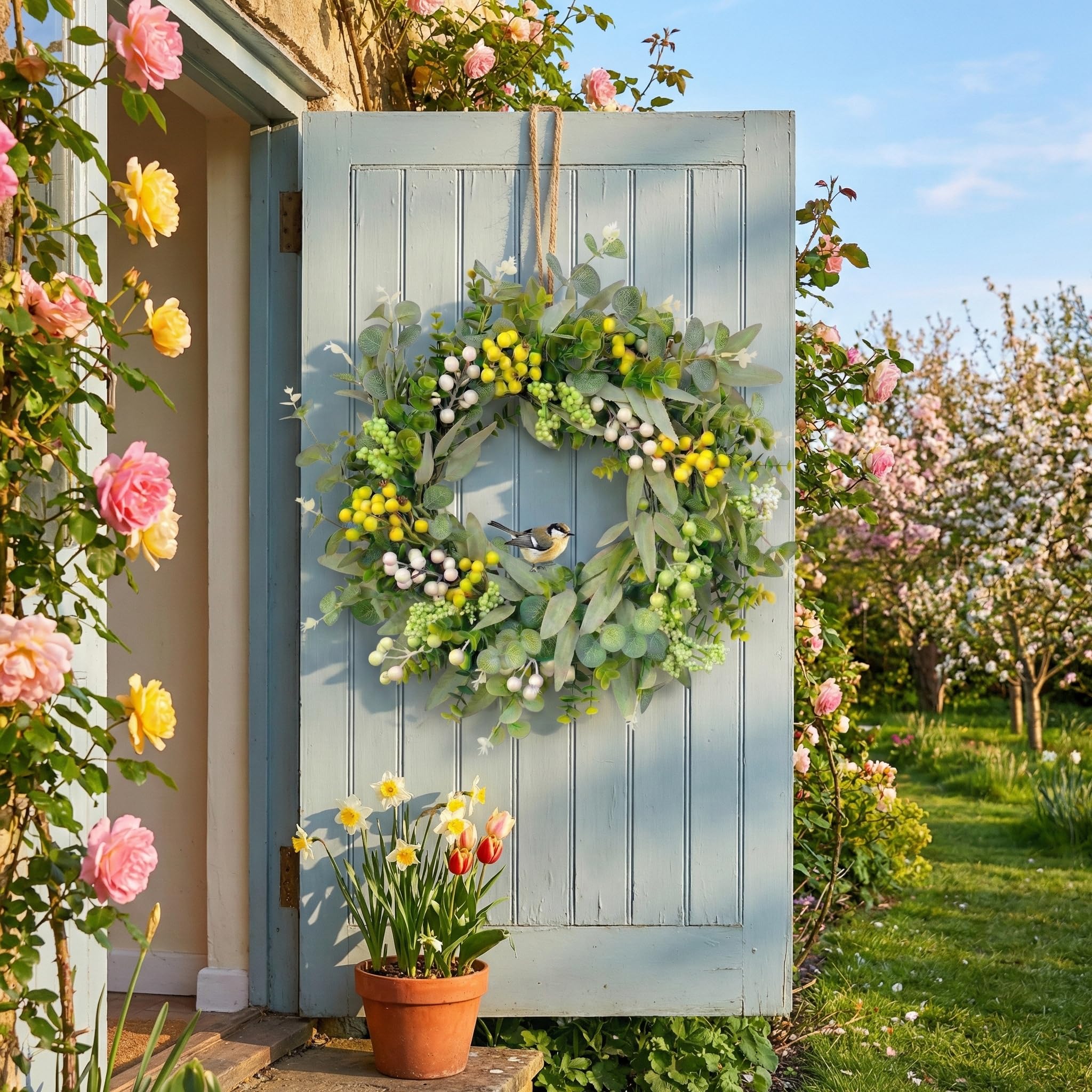 Ghirlanda di eucalipto, 46 cm, a molla, per porta d'ingresso, ghirlande estive per porte esterne, per appendere tutto l'anno, per casa colonica, ufficio, casa, decorazione per feste di nozze