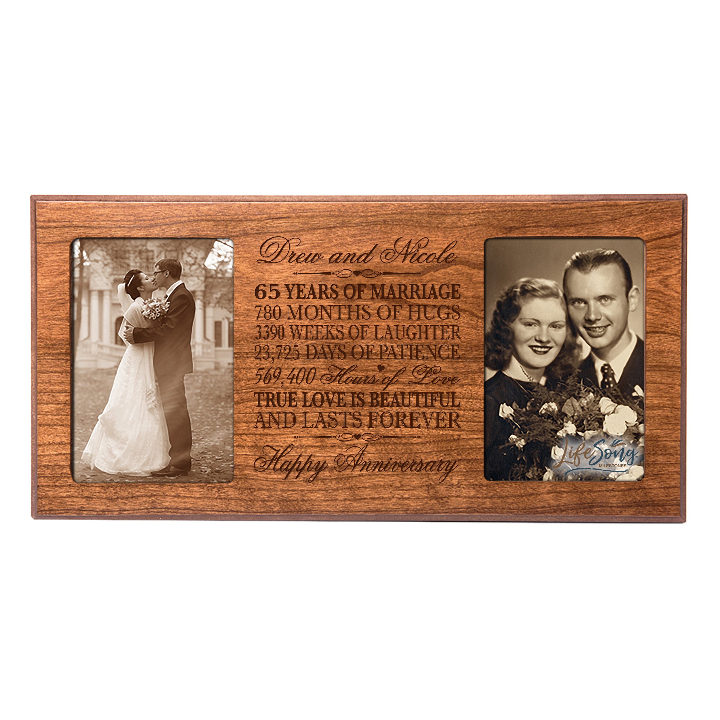 LifeSong Milestones Personalized 65 Year her him Couple Custom Engraved Wedding Celebration for Husband Wife Girlfriend Boyfriend Photo Frame Holds Two 4x6 Photos (Cherry)