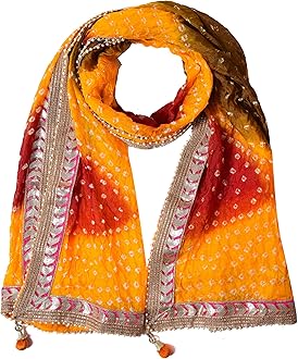 PK HUBWomen's Silk Jaipuri Rajasthani Bandhani Bandhej Heavy Dupatta with Gota Work and Latkan