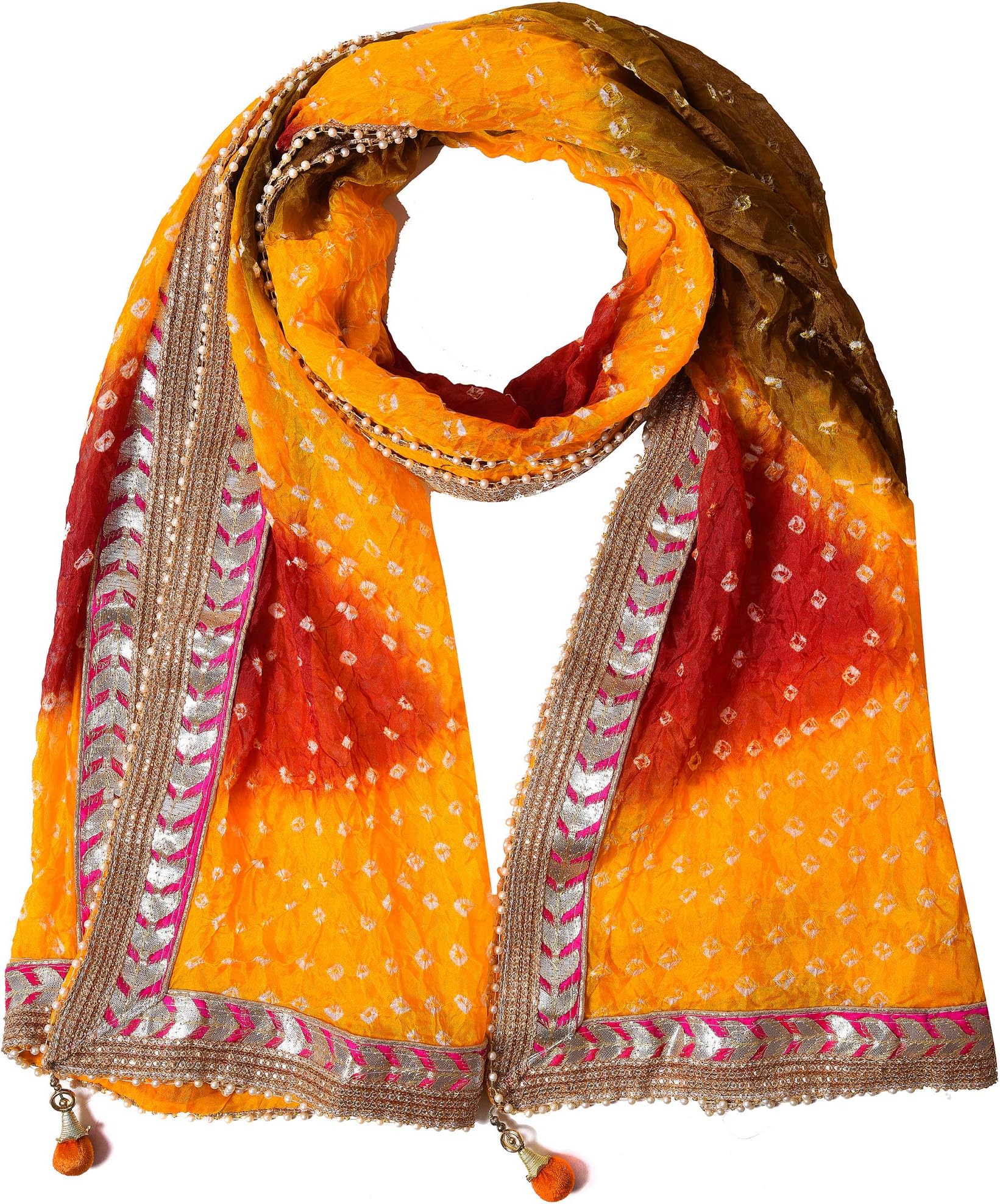 PK HUB Women's Silk Jaipuri Rajasthani Bandhani Bandhej Heavy Dupatta with Gota Work and Latkan