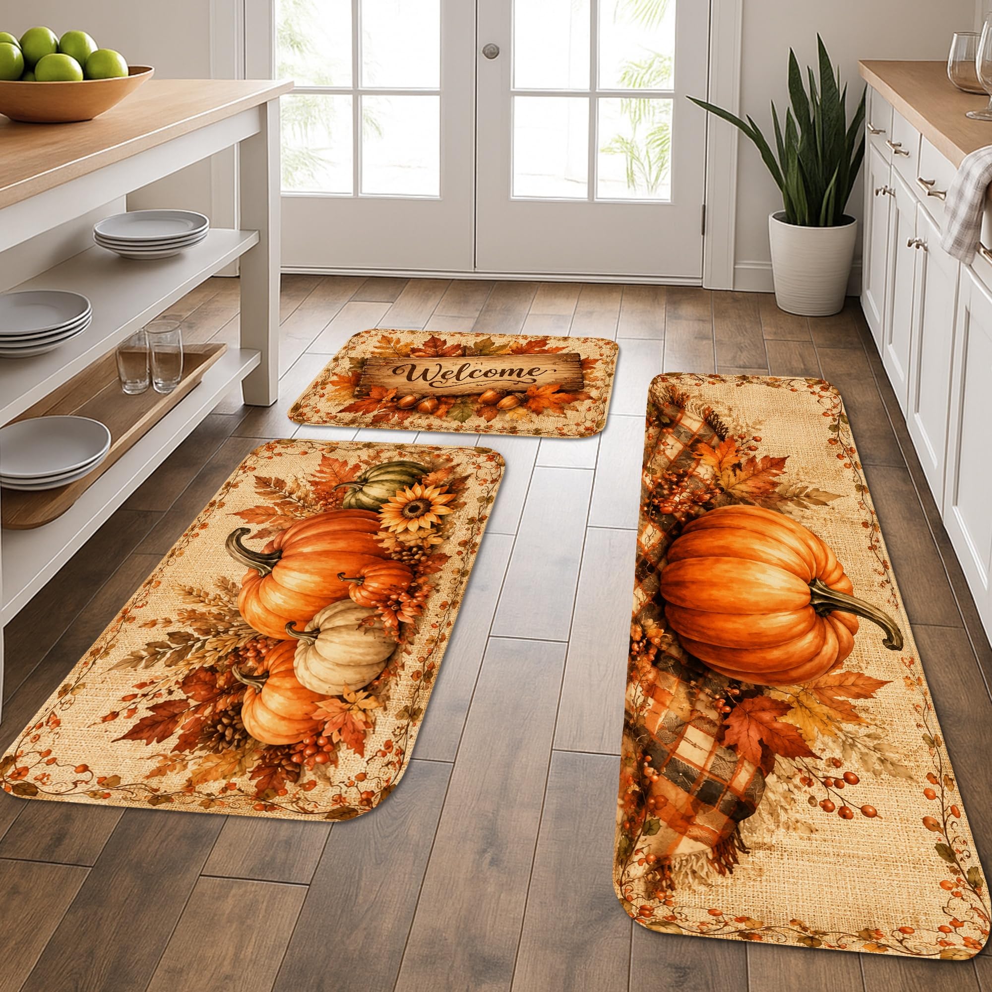 Tapis de cuisine confortables anti-fatigue lot de 3 lavables motif orange