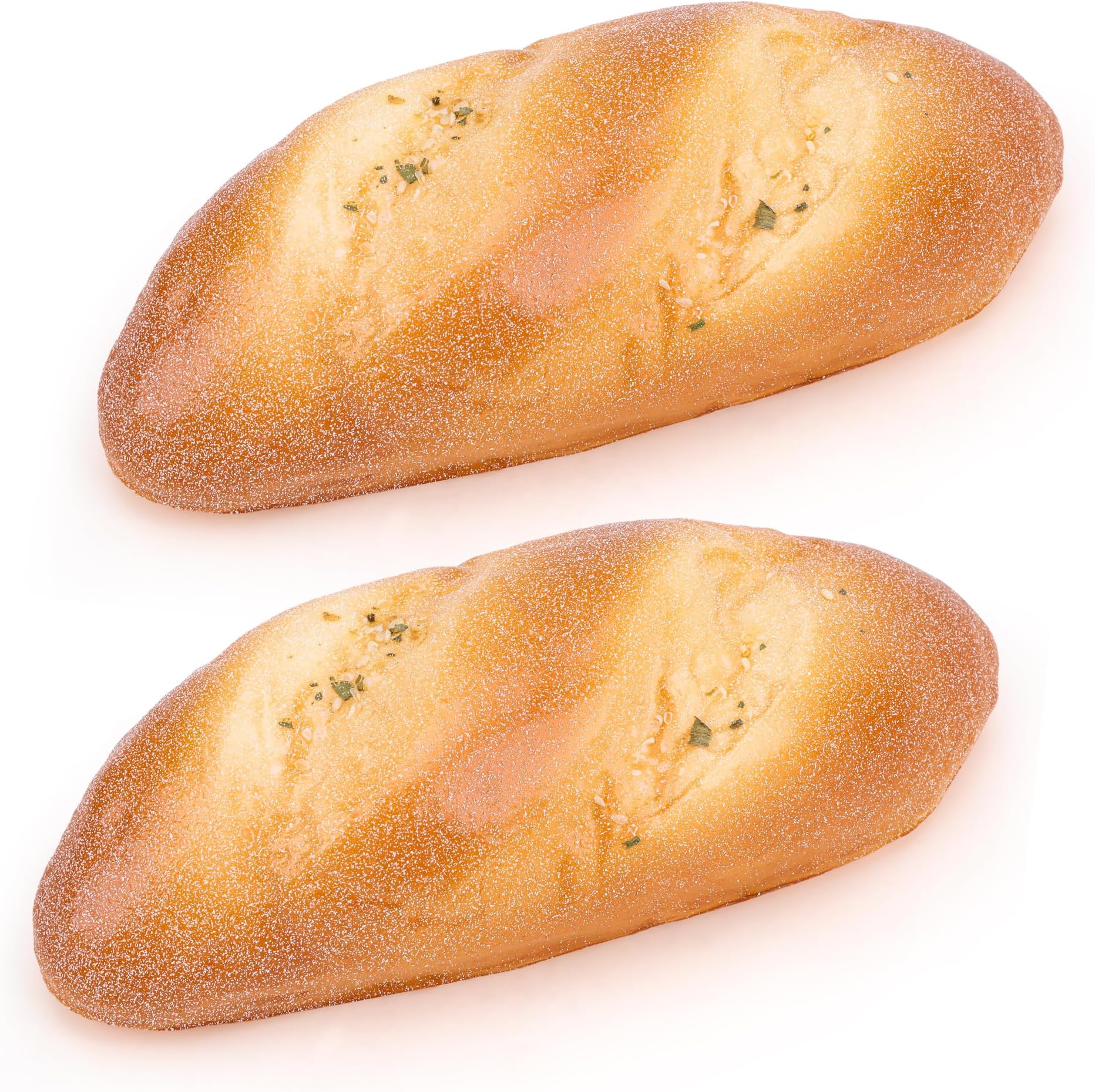 2 Pack Artificial Baguette, Fake Bread Loft Bakery Display Decor | Soft PU faux food loaf seeded with sesame, photo prop for cafe counter, retail showcase, kitchen staging, restaurant display