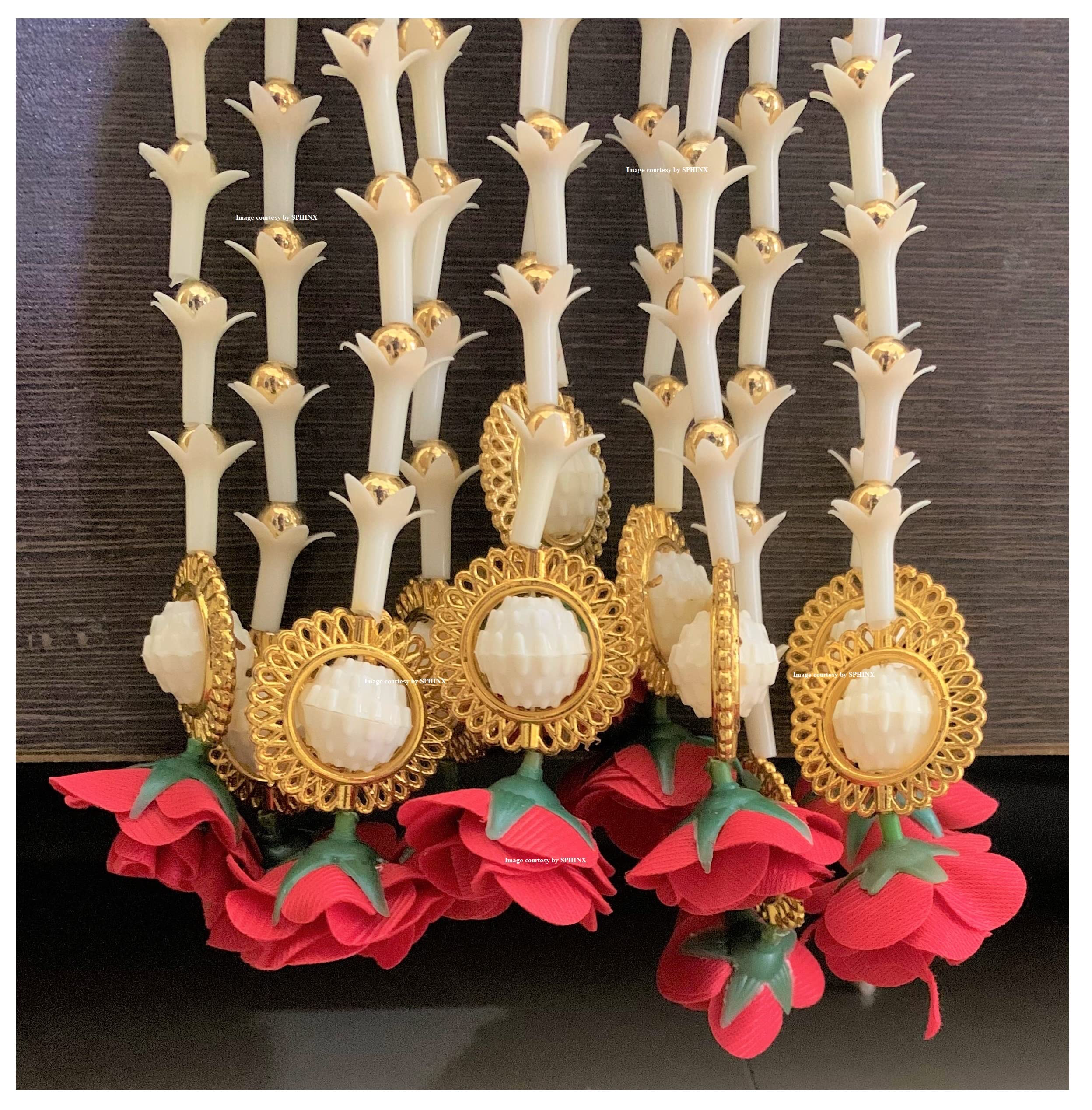 Sphinx artificial rajnigandha buds golden beads rose strings for decoration approx 2.5 ft - pack of 12 (Off white, red and golden)