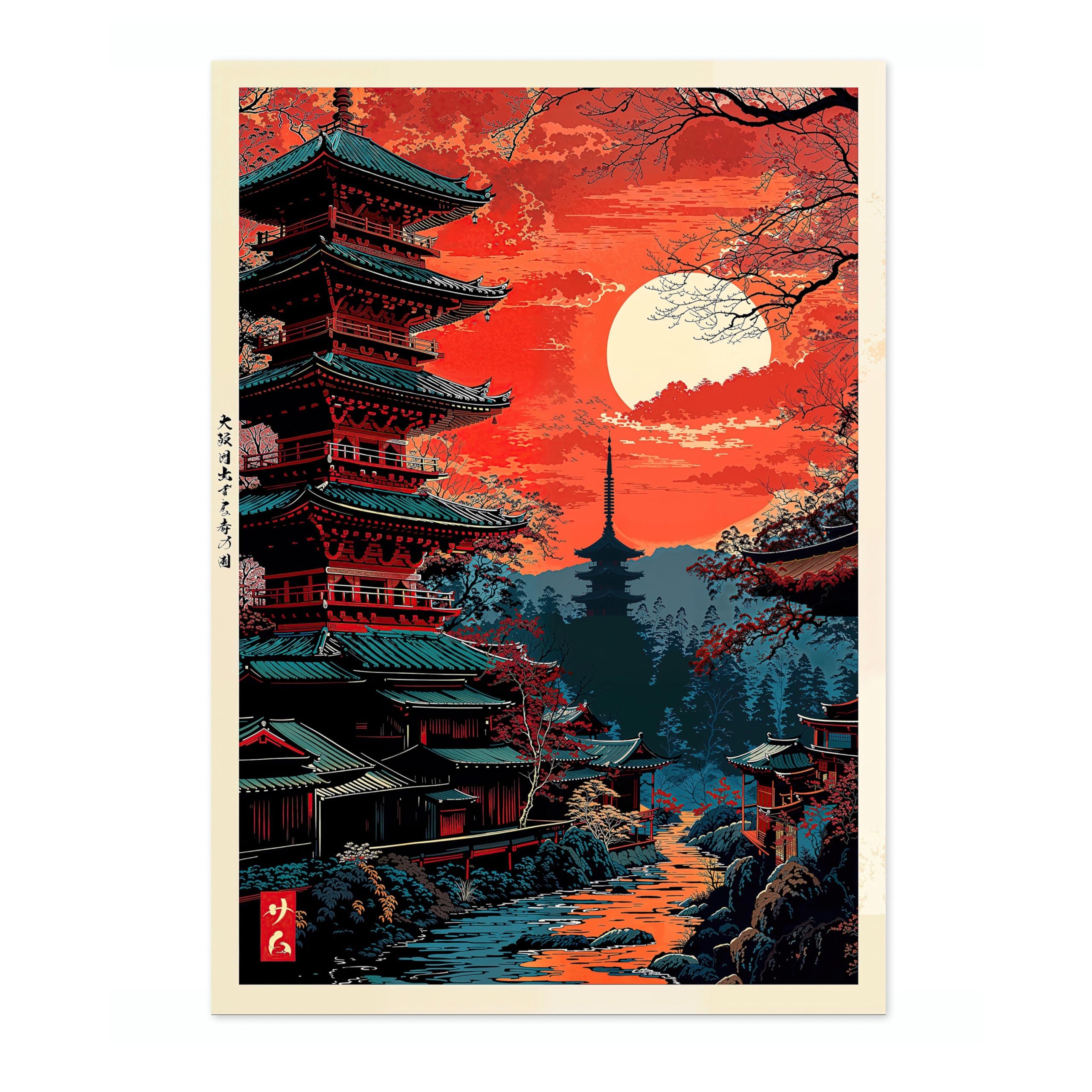 Tokyo Temple Anime Woodblock Poster Modern Ukiyo-E, Japanese Cartoon Illustration Print, Archival Matte, A5 (Print Only) - 21x14.8cm