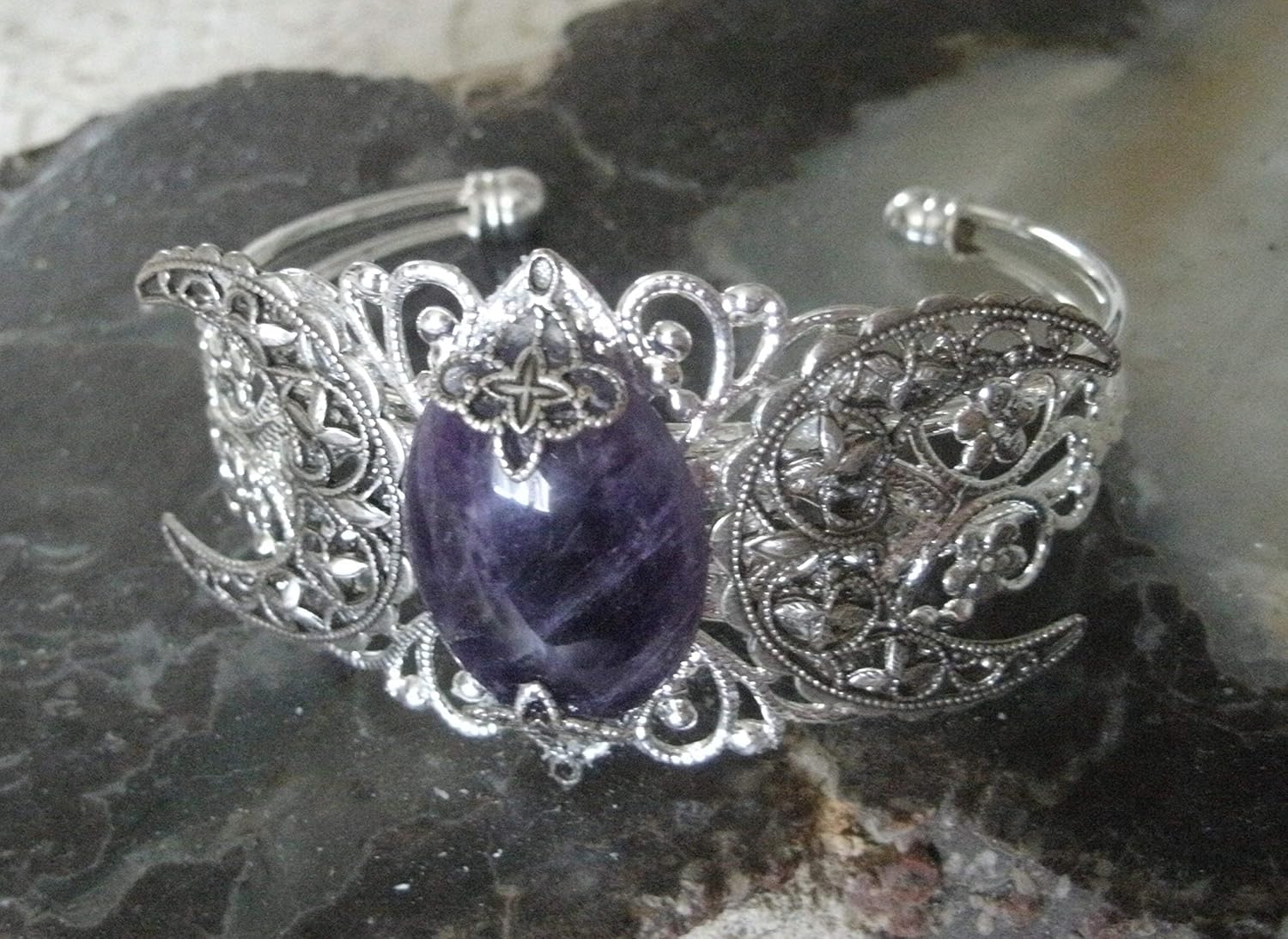 Amethyst Triple Moon Cuff Bracelet, handmade jewelry wiccan pagan wicca witch goddess witchcraft metaphysical