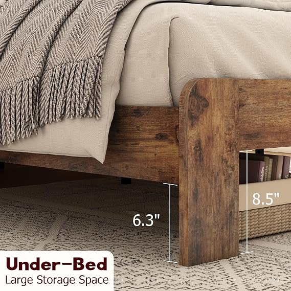 Wooden King Size Bed Frame with Linear Headboard, Rustic Platform