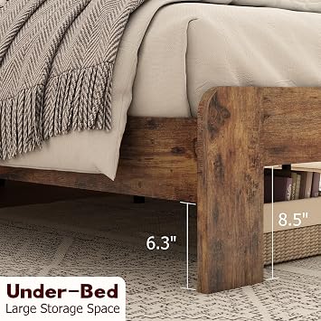 Wooden King Size Bed Frame with Linear Headboard, Rustic Platform