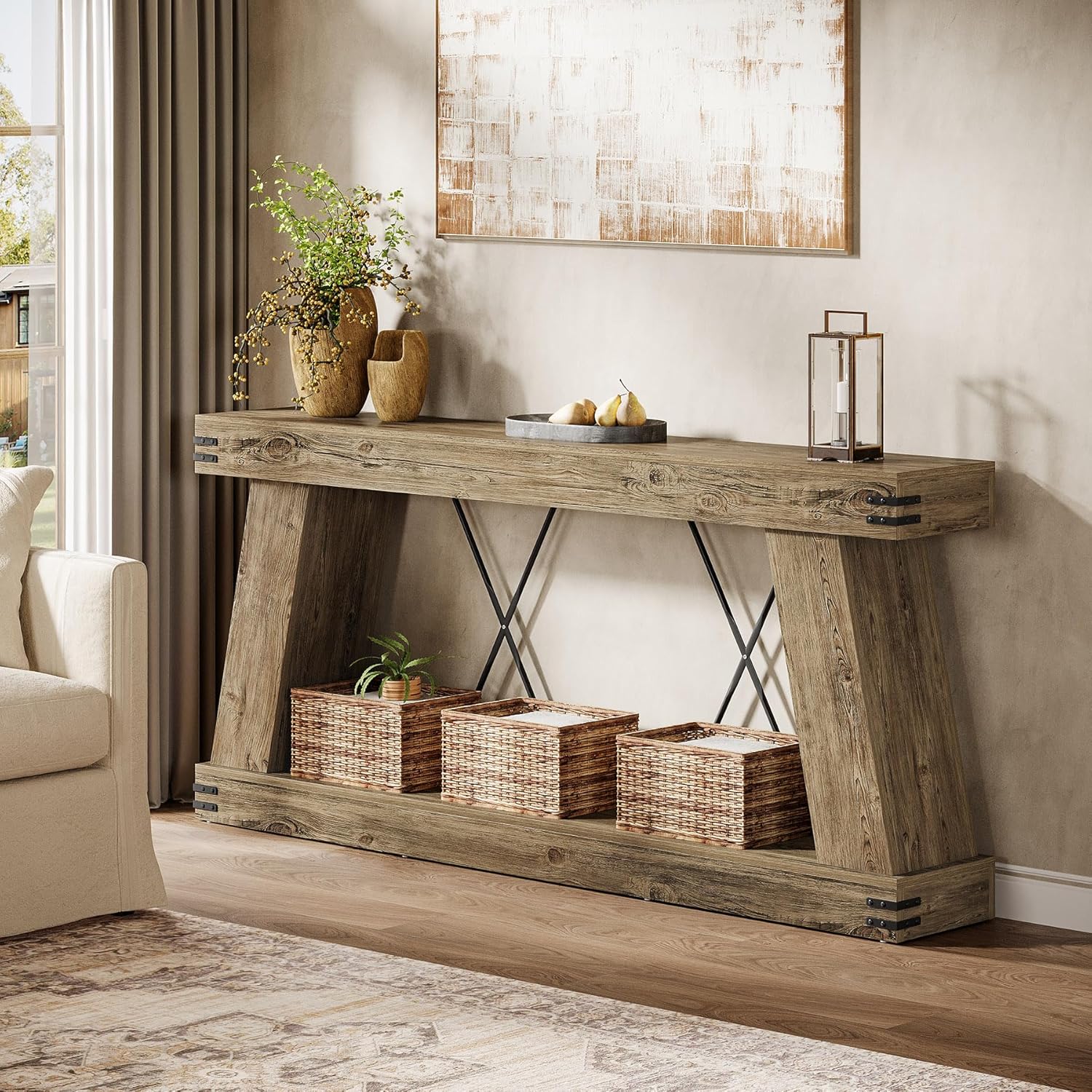 Tribesigns 70.9" Farmhouse Console Table, Long Sofa Table Behind Couch with Storage, Narrow Console Station, Industrial Rustic Entryway Furniture for Hallway, Entry, Living Room (1, Light Brown Oak)