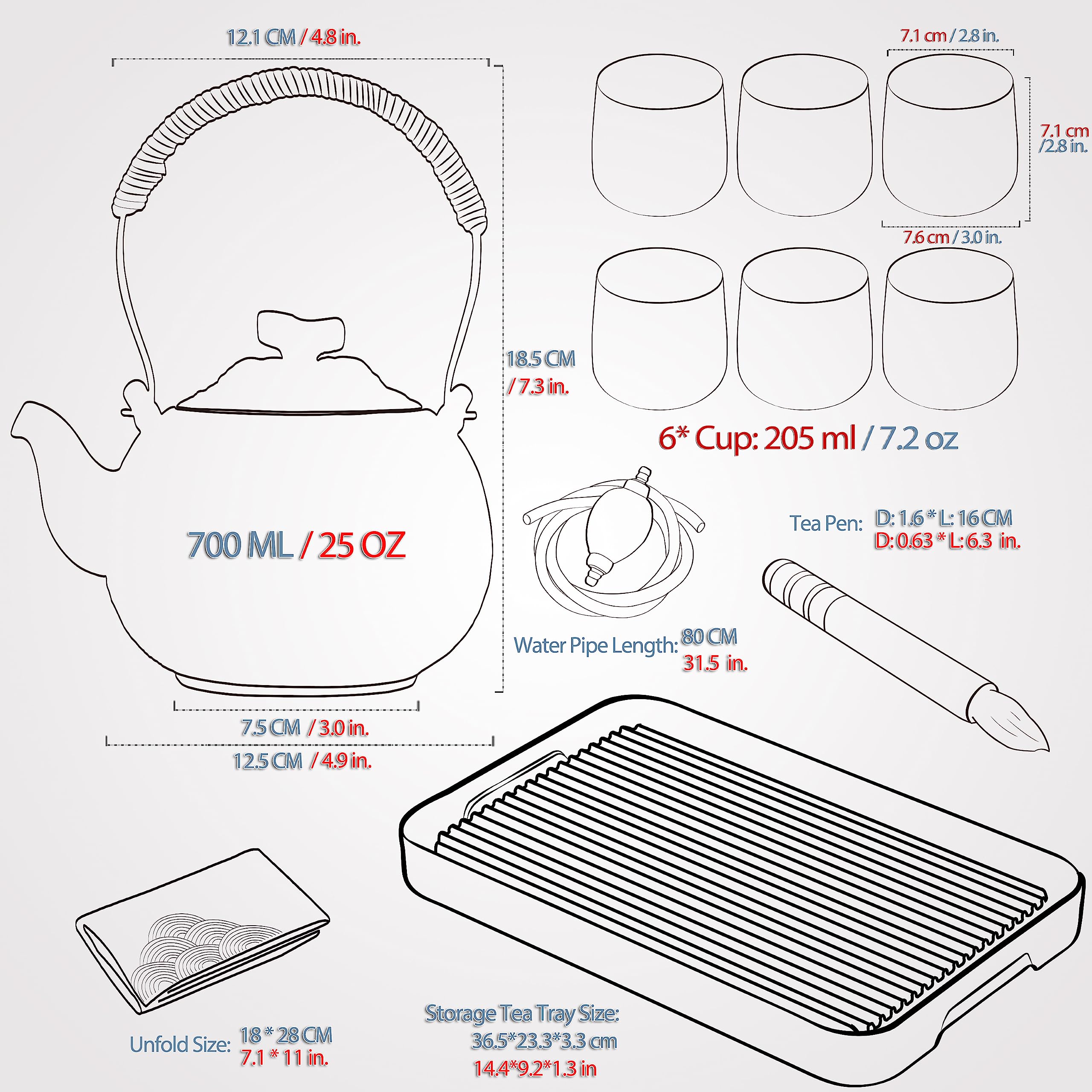 TEANAGOO Service à thé japonais complet avec plateau, gris anthracite, service à thé en porcelaine de Chine, 1 théière (700ml/25oz) + 6 tasses à thé (205ml/7.2oz),U1, plateau à thé avec