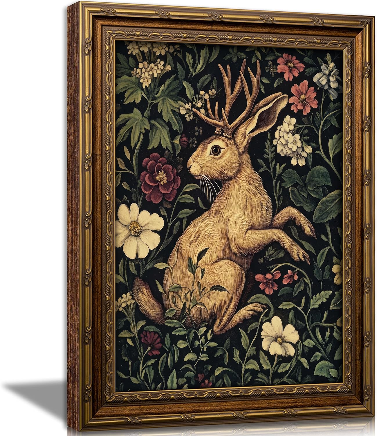 Vintage Gold Framed Bunny Wall Art Dark Botanical Cottagecore Mythical Folklore Art Painting Canvas Prints Dark Academia Floral Poster Gothic Hare Picture Artwork for Bedroom Living Room Home Decor