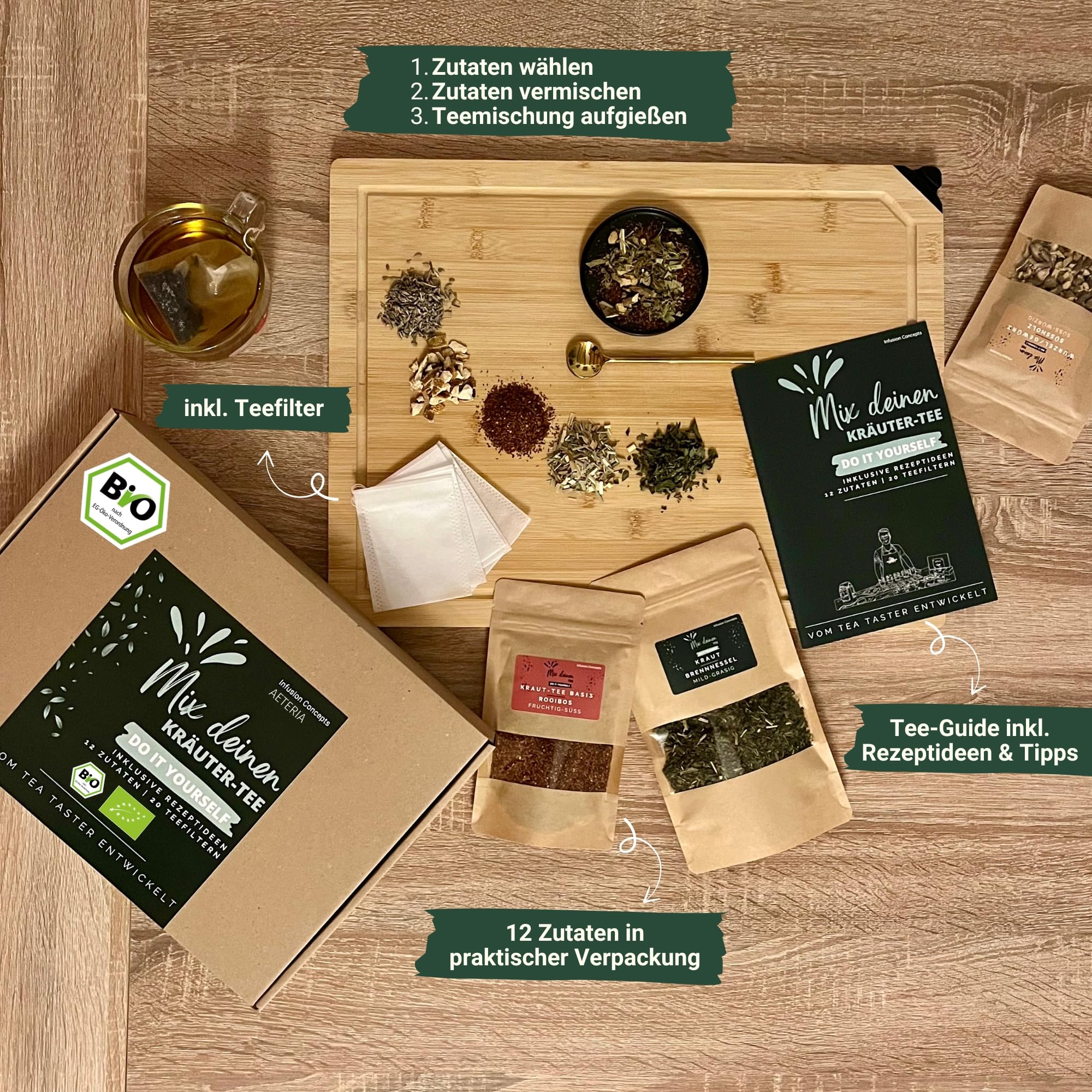 AETERIA® | Vom Tea Taster: BIO Mix deinen Kräutertee | Geschenkset – 12 Zutaten, Rezeptideen & Teefiltern | Kreatives Tee-Geschenk | DIY Teemischung selber machen Set - entdecke deinen Lieblingstee!