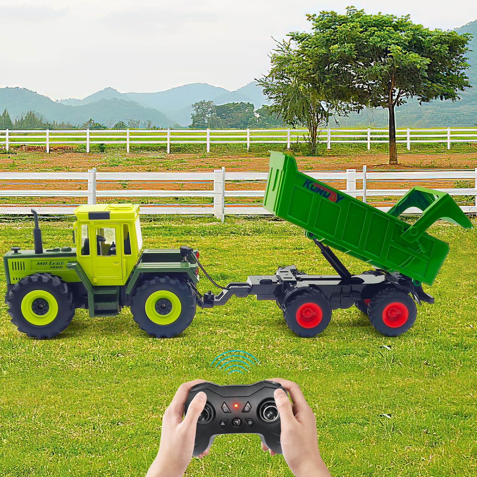 Bonikita Remote Control Tractor toy with Trailer, Automatic Lifting Function, LED Lights & 2 Rechargeable Batteries - Image 4