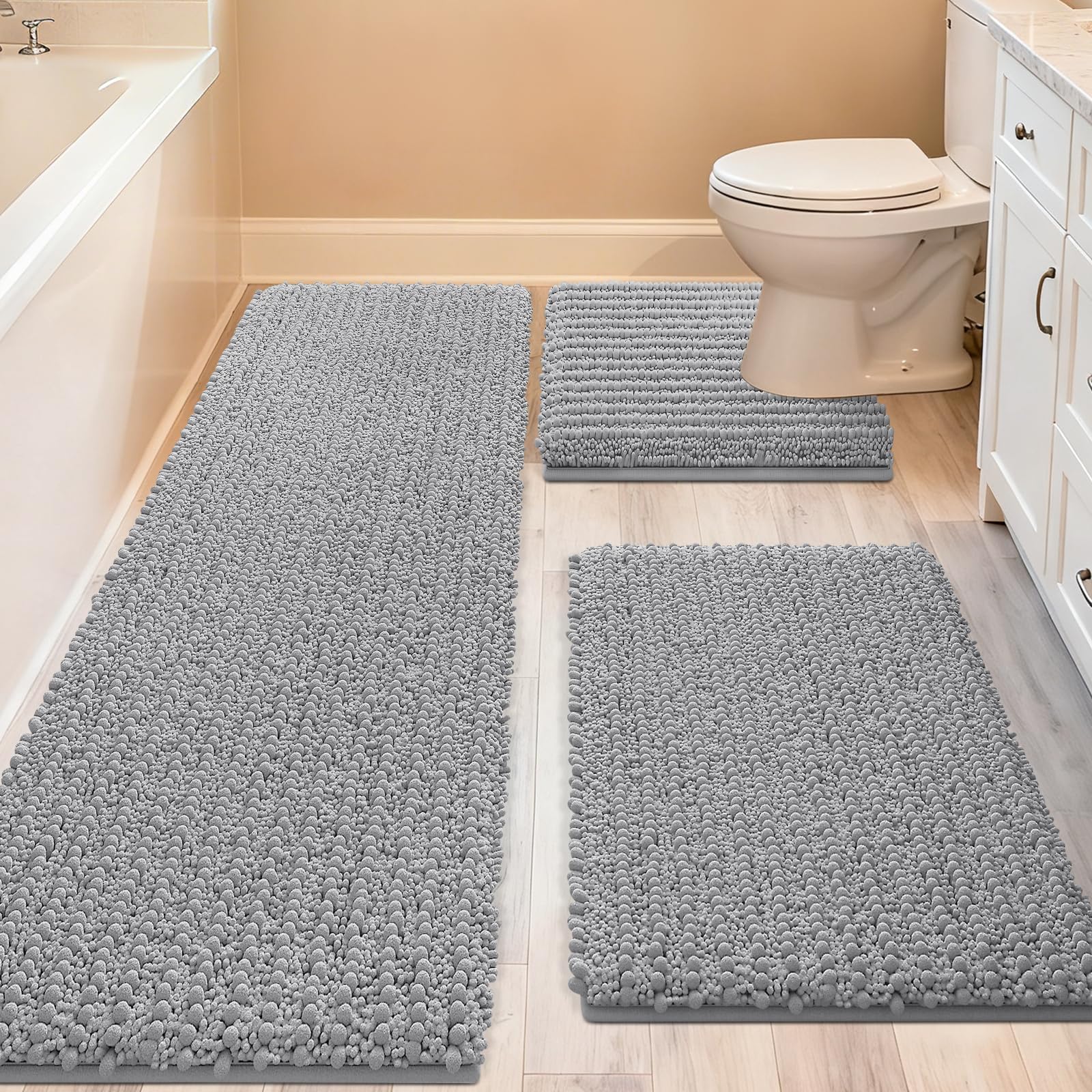 ACCUMTEK Upgrade Extra Large Light Grey Bathroom Rug Set 3 Pieces Gray Ultra Soft, Thick Absorbent Bath Mats, Non Slip Chenille Toilet Mat for