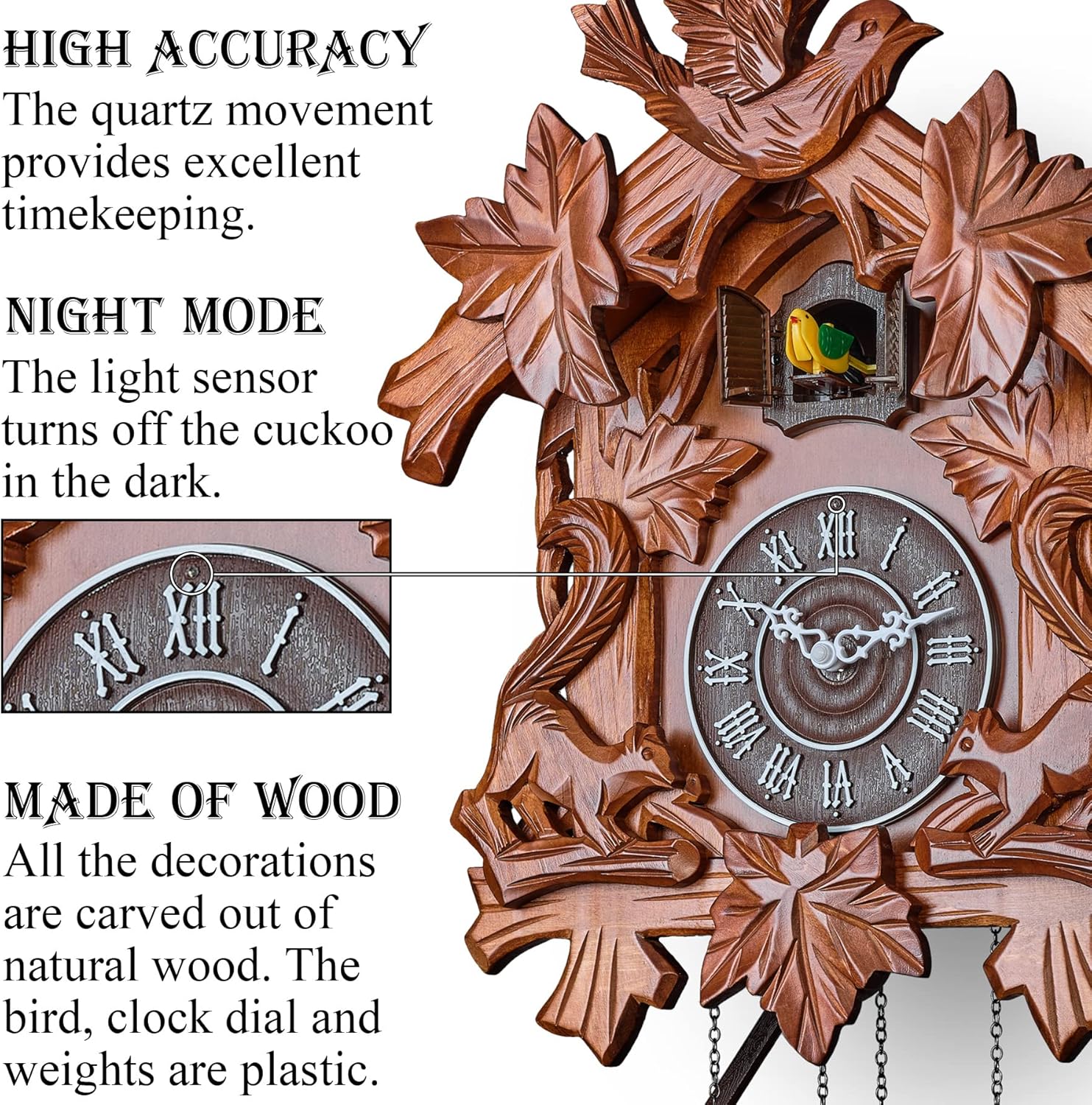 TIMEGEAR Cuckoo Clock with Night Mode, Quartz Movement and Automatic Light Sensor