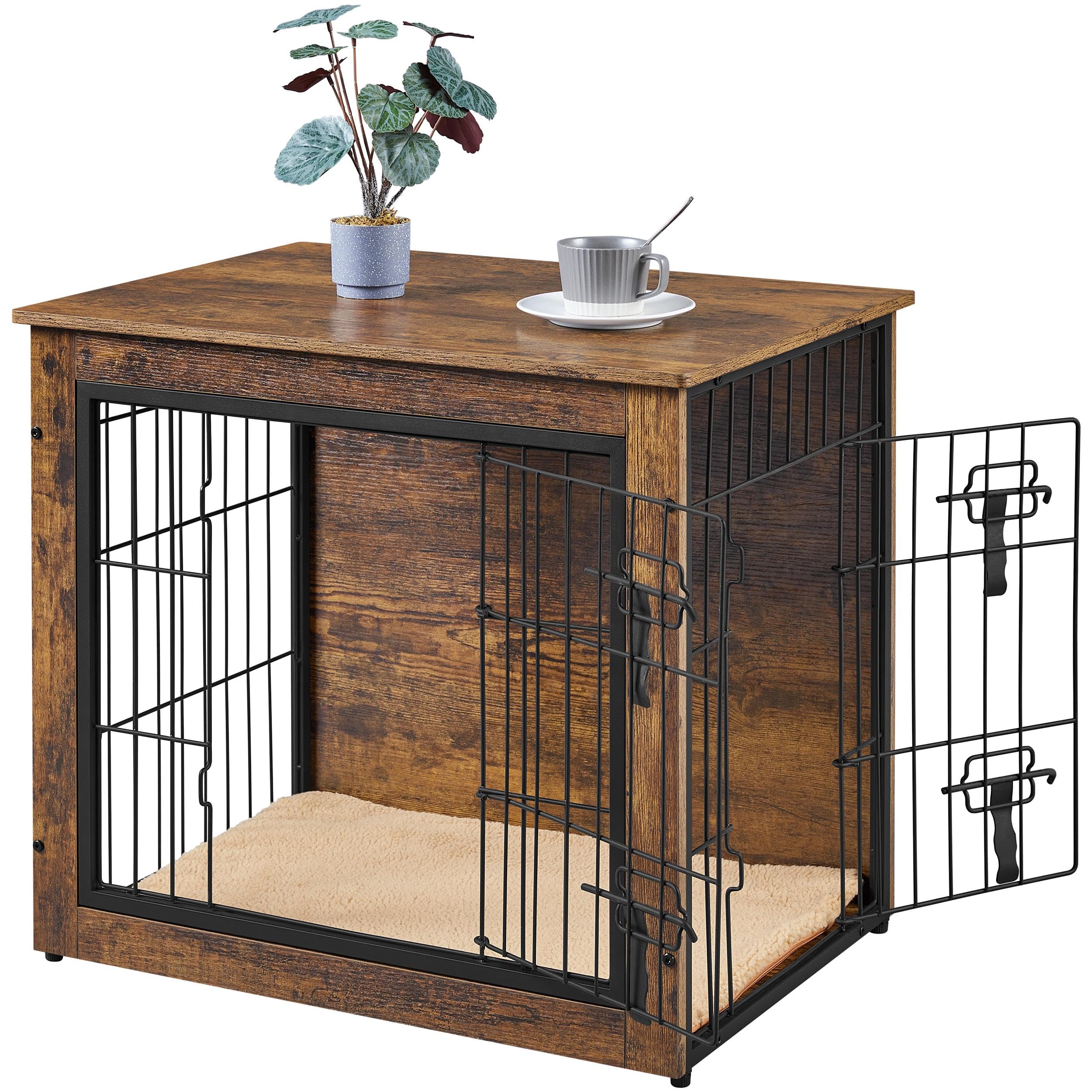 Yaheetech Jaula para perros de madera, estilo mueble, jaula para mascotas con 2 puertas y cojines, moderna caseta para perros pequeños/medianos de hasta 61 kg, 69 x 51 x 61 cm, color marrón