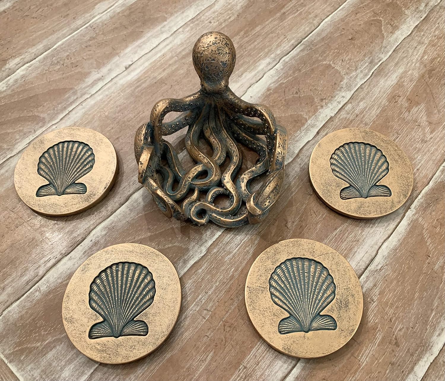 Octopus Coaster Set - Nautical Ocean Beach Sea Shell Coastal Decor - Bronze/Verdigris Finish - Image 4
