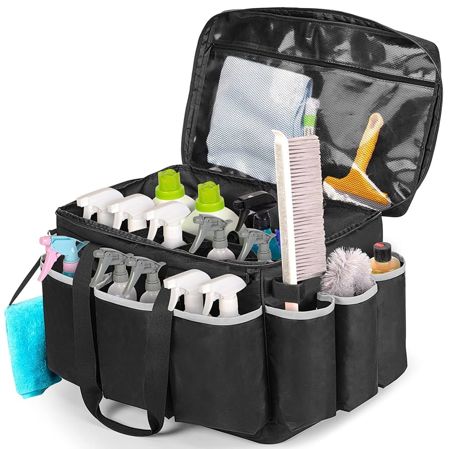 toiletry bag cleaning supplies layout