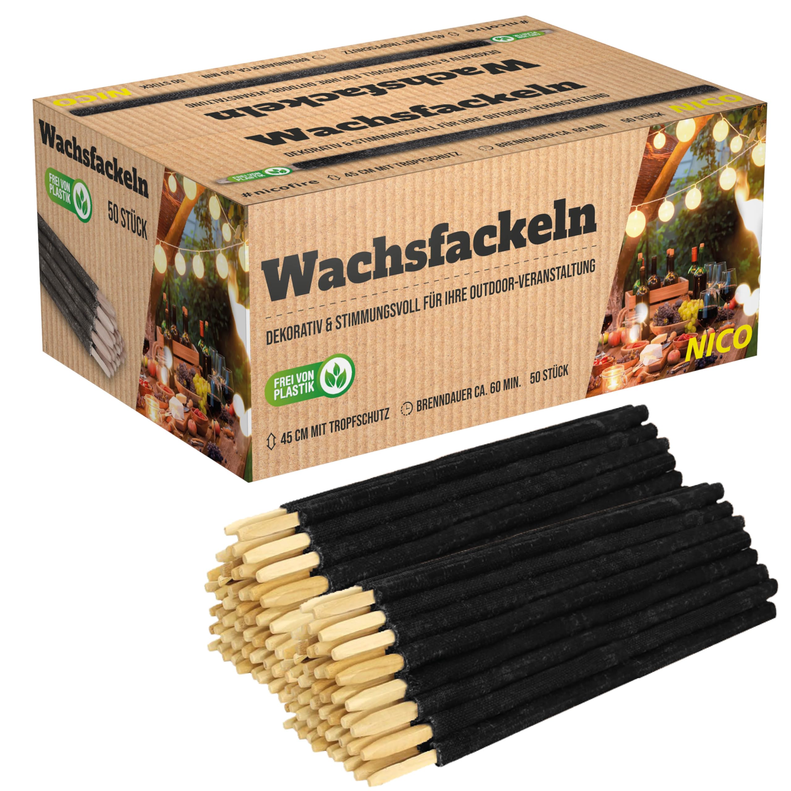 100 Stück Wachsfackeln, Brenndauer 60 Min. I hochwertige Fackeln aus Wachs mit Handschutz I Garten-Fackel für Outdoor Party, Event, Nacht-Wanderung