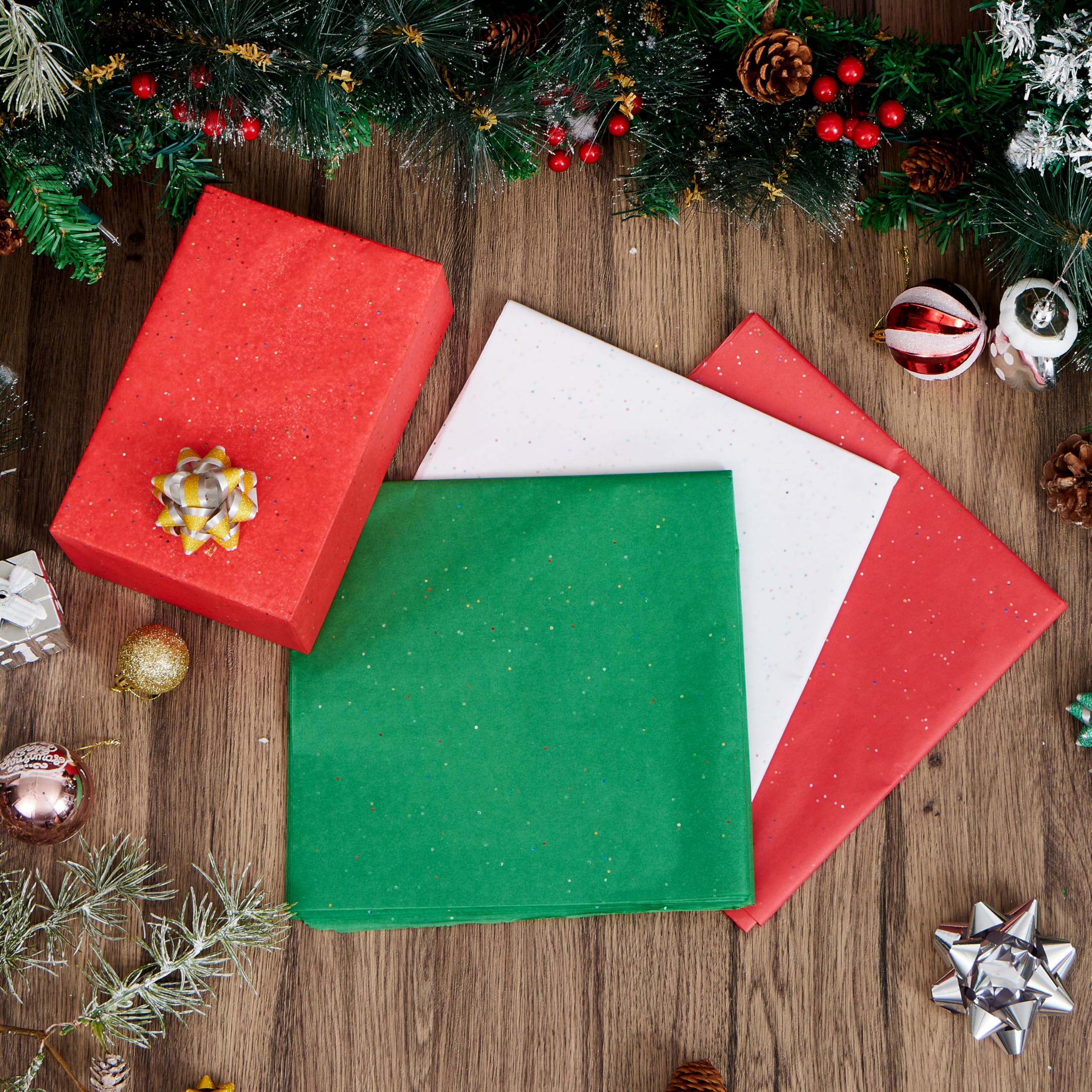 JOYIN 72 fogli di carta velina glitterata per sacchetti regalo, carta velina rossa verde bianca per confezioni regalo, 50,8 x 50,8 cm, carta da regalo natalizia per confezioni regalo fai da te