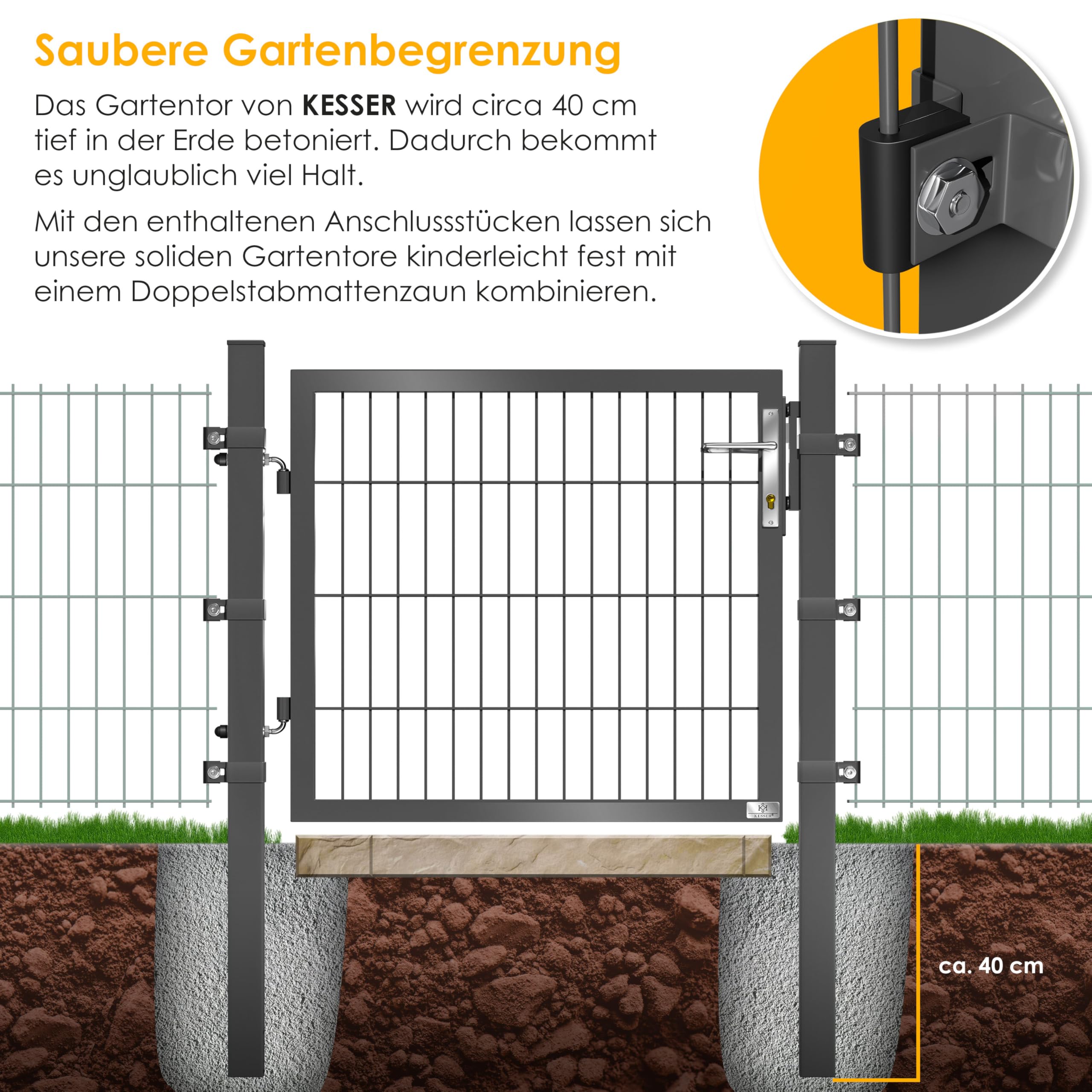 KESSER® Gartentor Premium Gartentür aus Metall verzinktem Stahl, Gartentür für Stabmattenzau Zauntor, Hoftor, inkl. Pfosten mit Schloss Türklinke und Schlüssel, 180 x 106cm Anthrazit