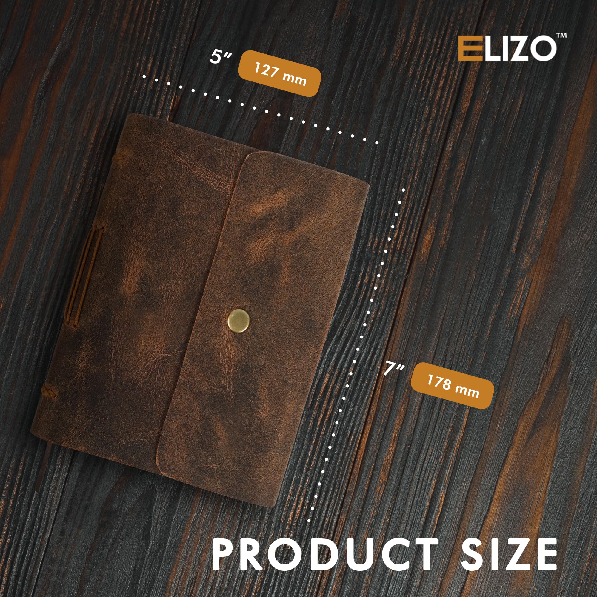ELIZO Journal ligné relié en cuir – 200 pages, marron teck, 10,2 x 15,2 cm (A6), carnet de notes en cuir pour homme et femme, carnet de croquis, carnet de notes quotidien, journal de voyage