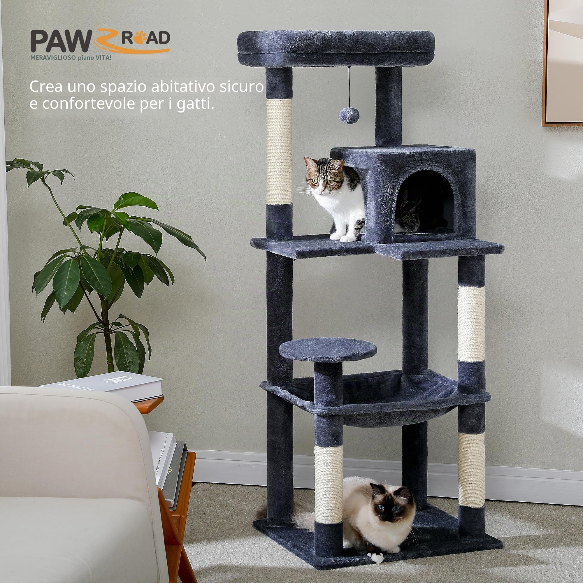 PAWZ Road Albero per Gatti Grande Con Amaca in Metallo Felpato - Torre da 143 cm Con Casa Condominiale a 2 Porte e 6 Ripiani