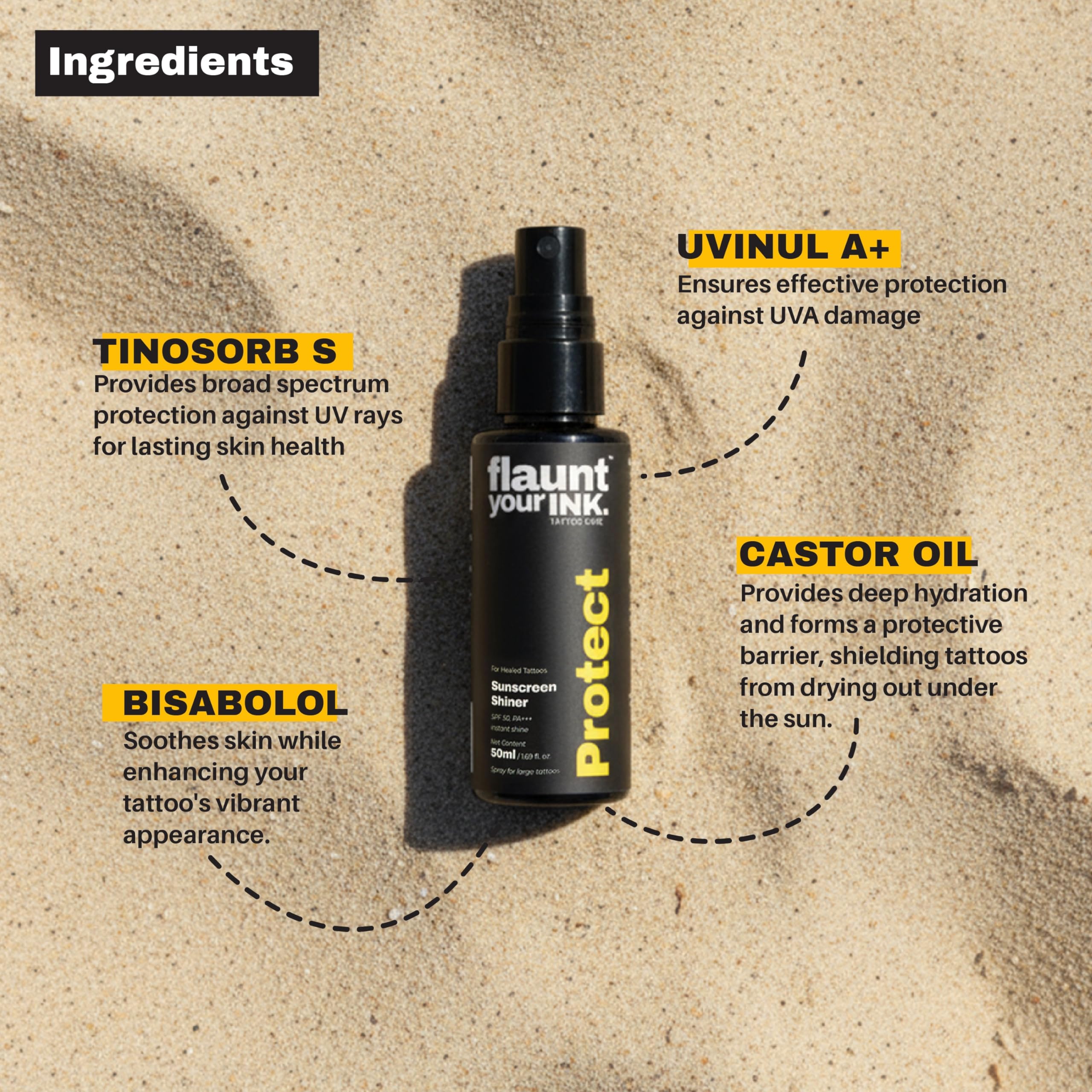 Flaunt Your Ink Tattoo Shiner with SPF 50 PA+++ | UV Protection for Tattooed Skin | Lightweight Sunscreen Spray with Vitamin E & Bisabolol | Enhances Ink & Prevents from Tattoo Fading | 50ml (Pack of 1) 4