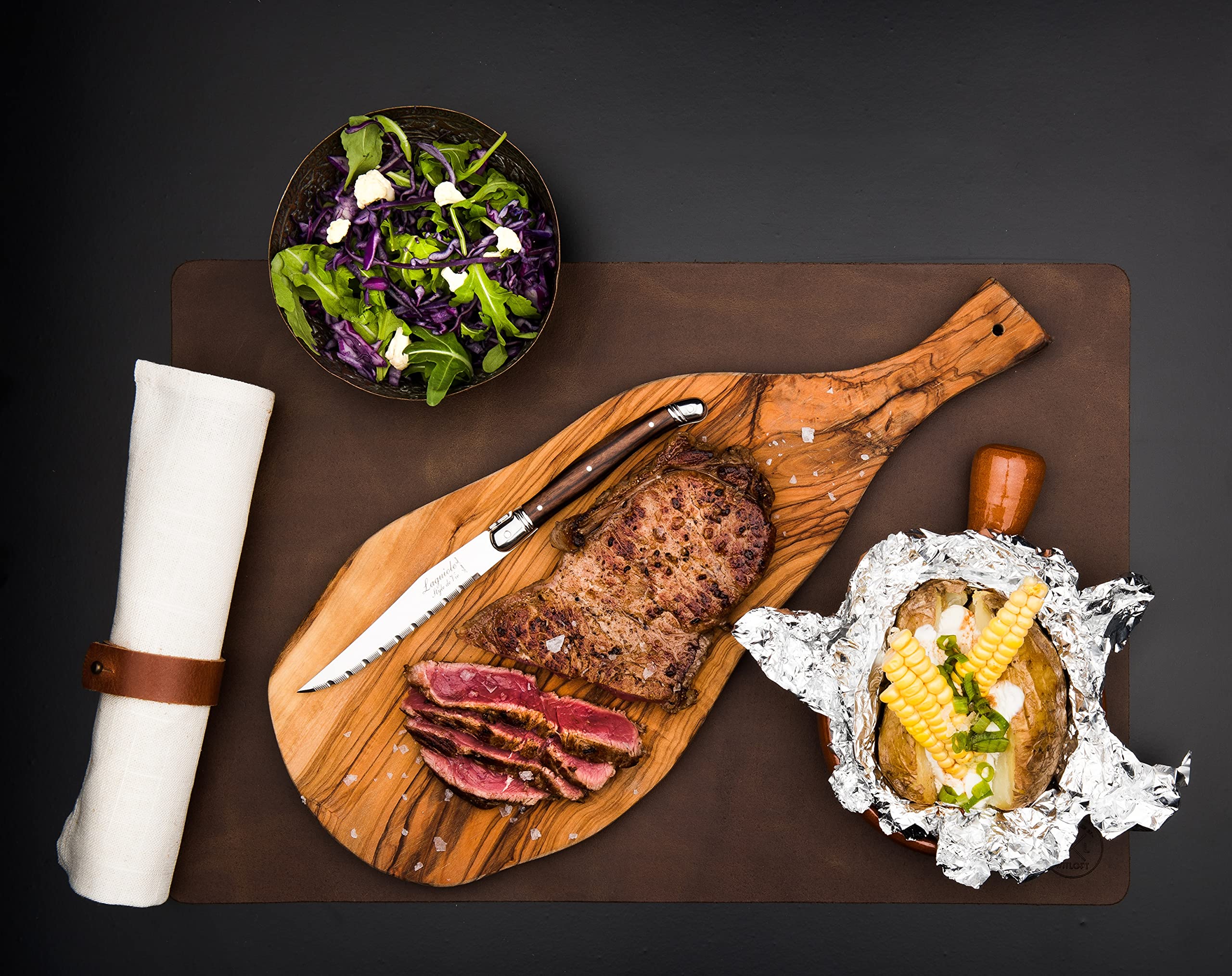 Laguiole Style de Vie Premium Line 6-częściowy zestaw noży do steków z ciemnego drewna, radełkowane, z drewnianym blokiem do przechowywania, nadaje się do różnych rodzajów mięsa i ryb