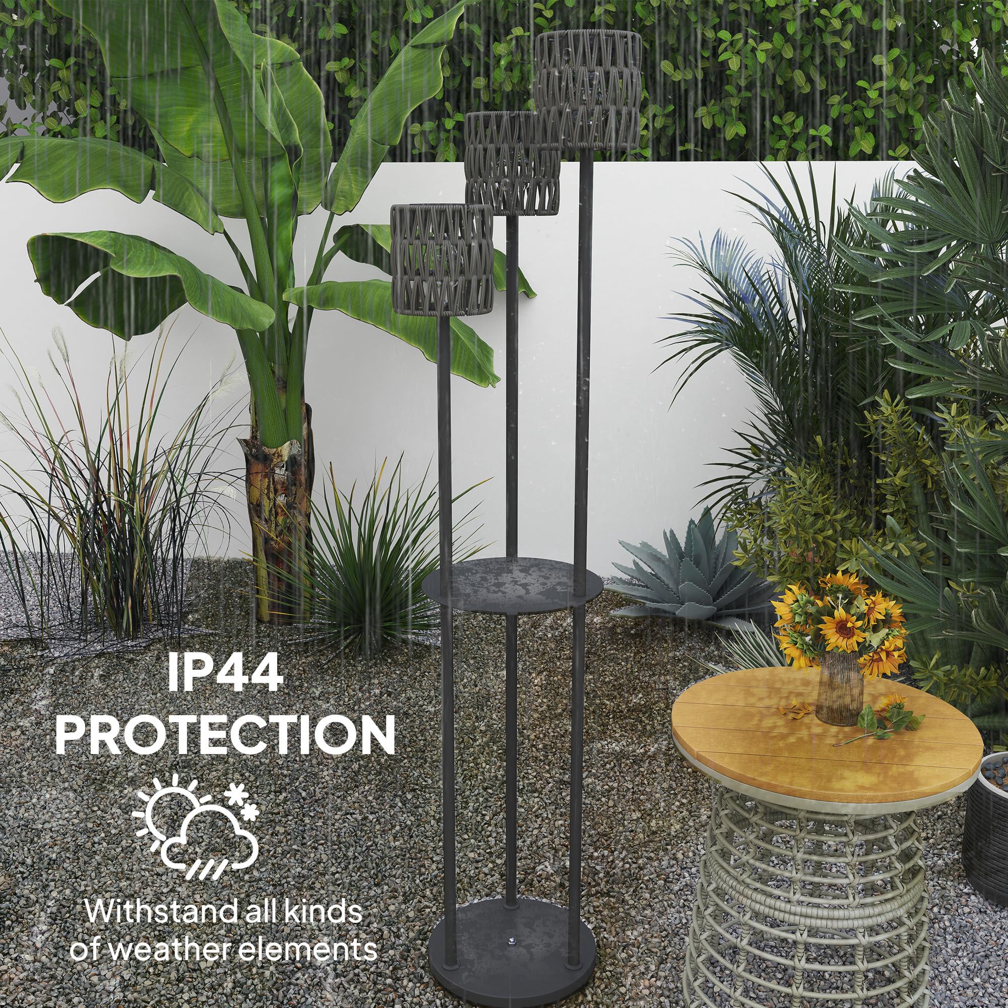Outsunny Lámpara de pie de ratán bohemia, lámpara de ratán de 3 luces con estante, luz solar de jardín independiente con luces de encendido/apagado automático, IP44 impermeable para porche, camino
