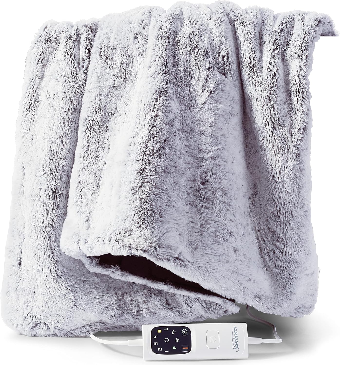 Sunbeam Feel Perfect Faux Fur Heated Throw Blanket Grey, Secure Sleep
